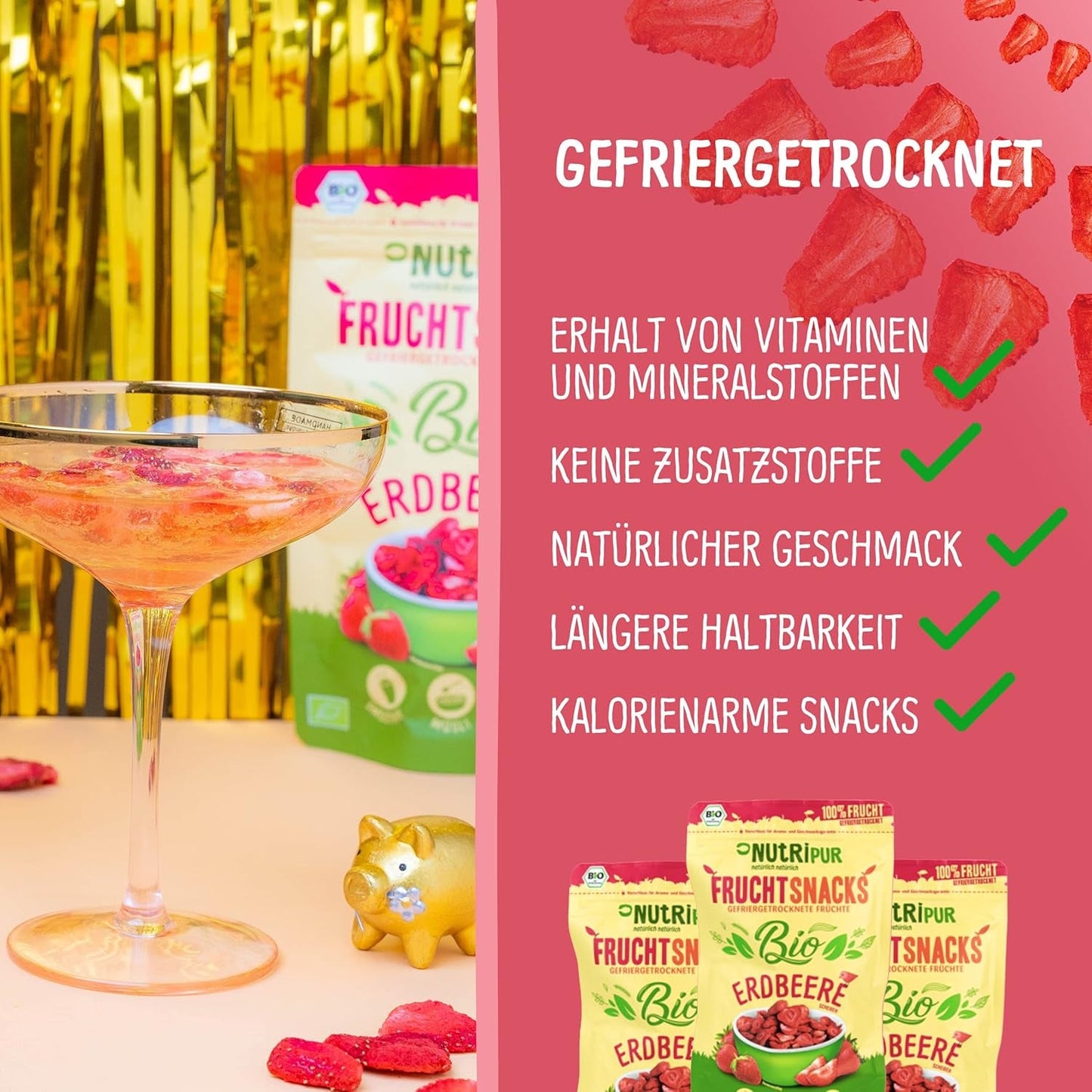 Biologische gevriesdroogde aardbeien: 70g gedroogde aardbeien voor smoothie bowls, muesli, paptoppings - gevriesdroogde bessen zonder toegevoegde suiker - gevriesdroogde aardbeien - NutriPur fruit Gedroogde producten Naty Shop