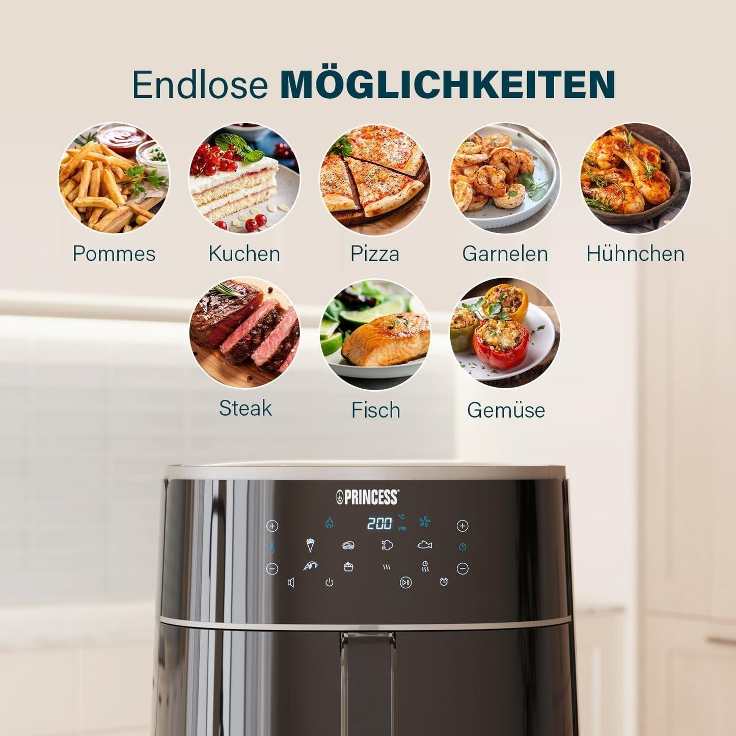Princess Digitale Heteluchtfriteuse - Variabele bakinhoud - Maximaal 8 liter - 6 vooraf ingestelde programma's Apparaten Naty Shop