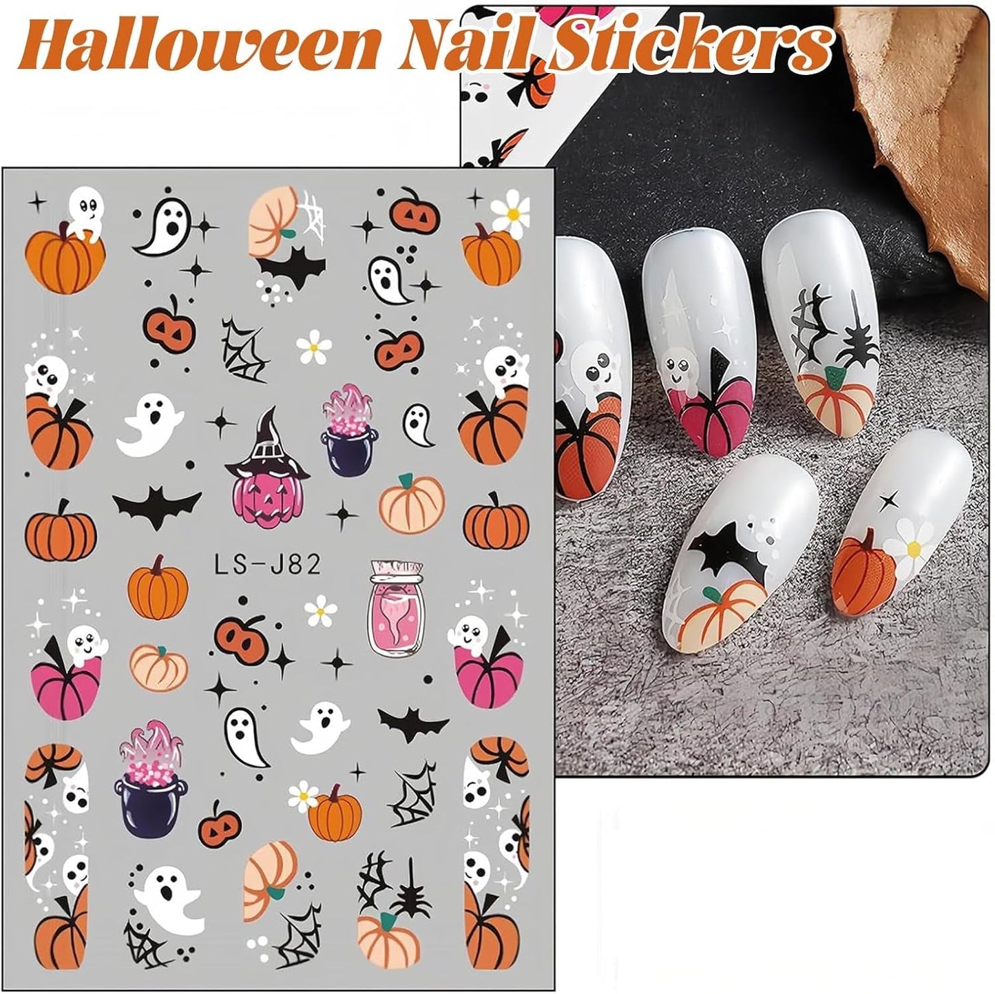 Nagelsticker Halloween, 8 Blätter Halloween Nagelsticker, Kürbis Nagelsticker, Nail Art, Nagel Charms, Nagel Zubehör, Nageldesign, Kerstmis (Typ A)