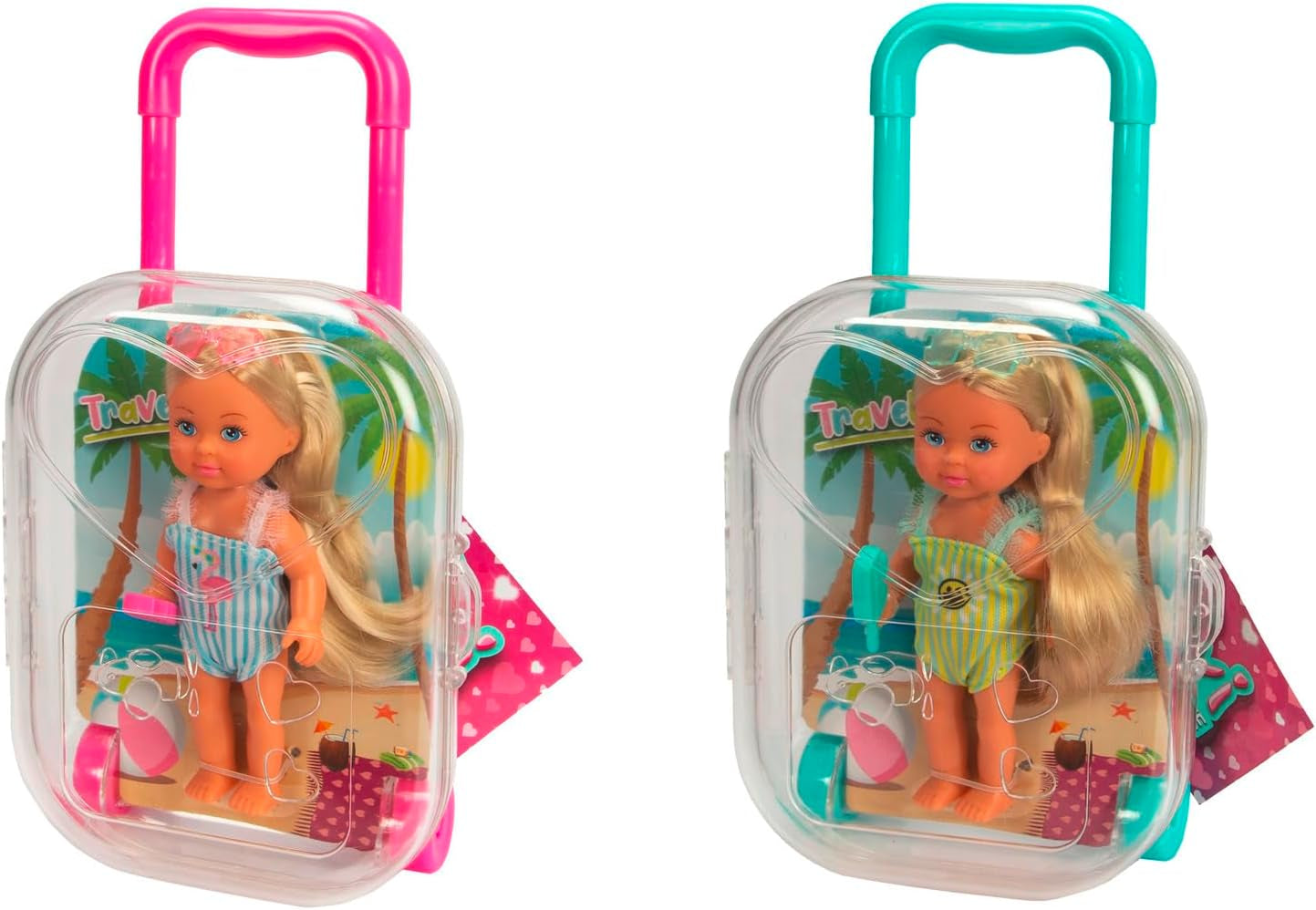 Simba Evi Love Travel, 2 verschillende modellen, er wordt slechts ÉÉN artikel geleverd, pop in een koffer op wielen, draagt ​​een zwempak met ruches, inclusief zonnebril en ijsje, 12 cm, vanaf 3 jaar