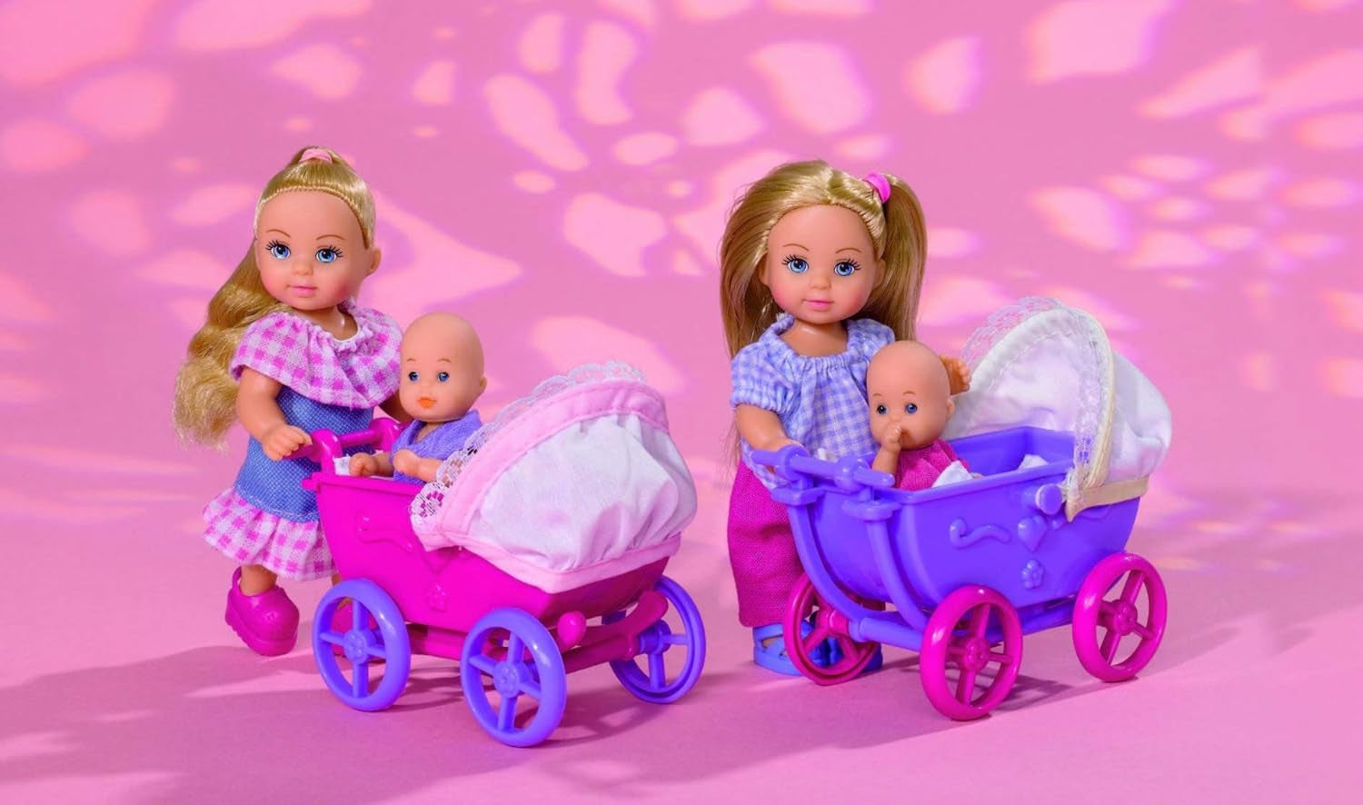 Simba 105736241 Evi Love Walk-pop 2 assorti Evi-pop met babypop met poppenwagen inclusief accessoires Modepop 12 cm voor kinderen vanaf 3 jaar