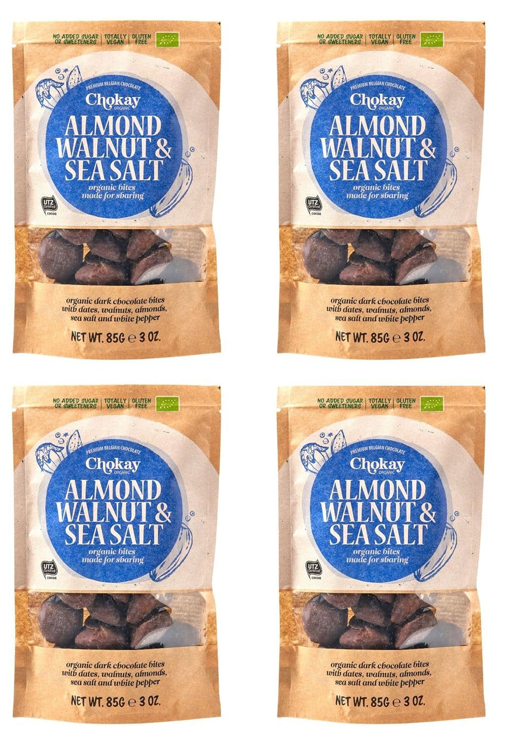 Set van 4 biologische hapjes - Kaneelamandelen/kaneelamandelen in Belgische pure chocolade/zonder toegevoegde suiker, zonder zoetstoffen/VEGAN & FAIR TRADE / 4 x 85g