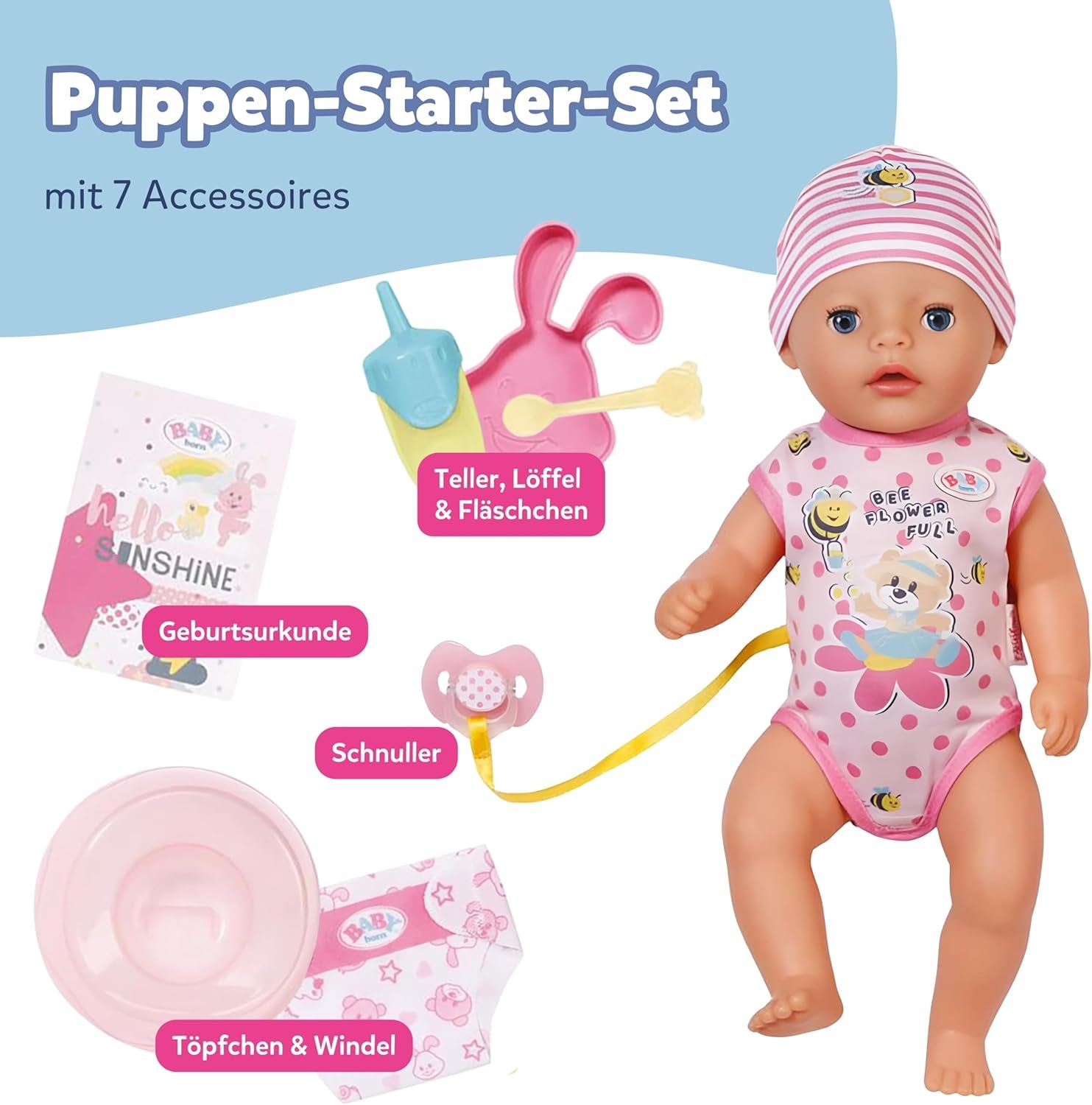 BABY Born Lena (Meisje) - babypop 36 cm - 7 functies, inclusief accessoires en matras - Werkt geheel zonder batterijen - Geschikt voor kleine kinderen vanaf 1 jaar