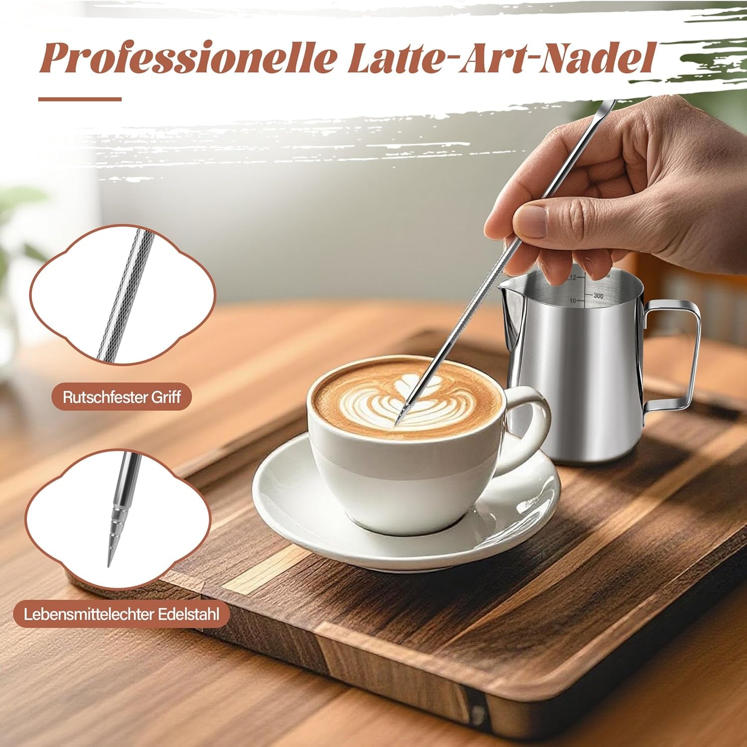 Melkmok, 350 ml roestvrijstalen melkmok met maatmarkering, Barista-accessoire, melkmok voor cappuccino, espresso, latte art, koffieliefhebbers, zilver, 355 ml