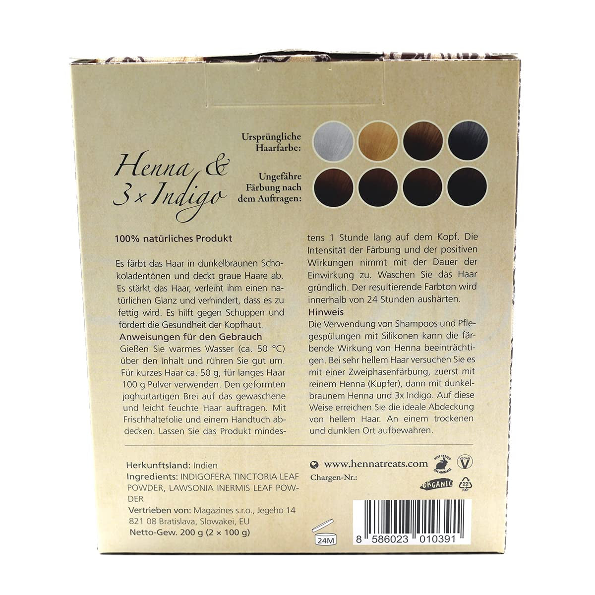 Henna & 3×Indigo - Donker kastanje - Natuurlijke haarkleur - Poeder - 200g Haarverf Naty Shop