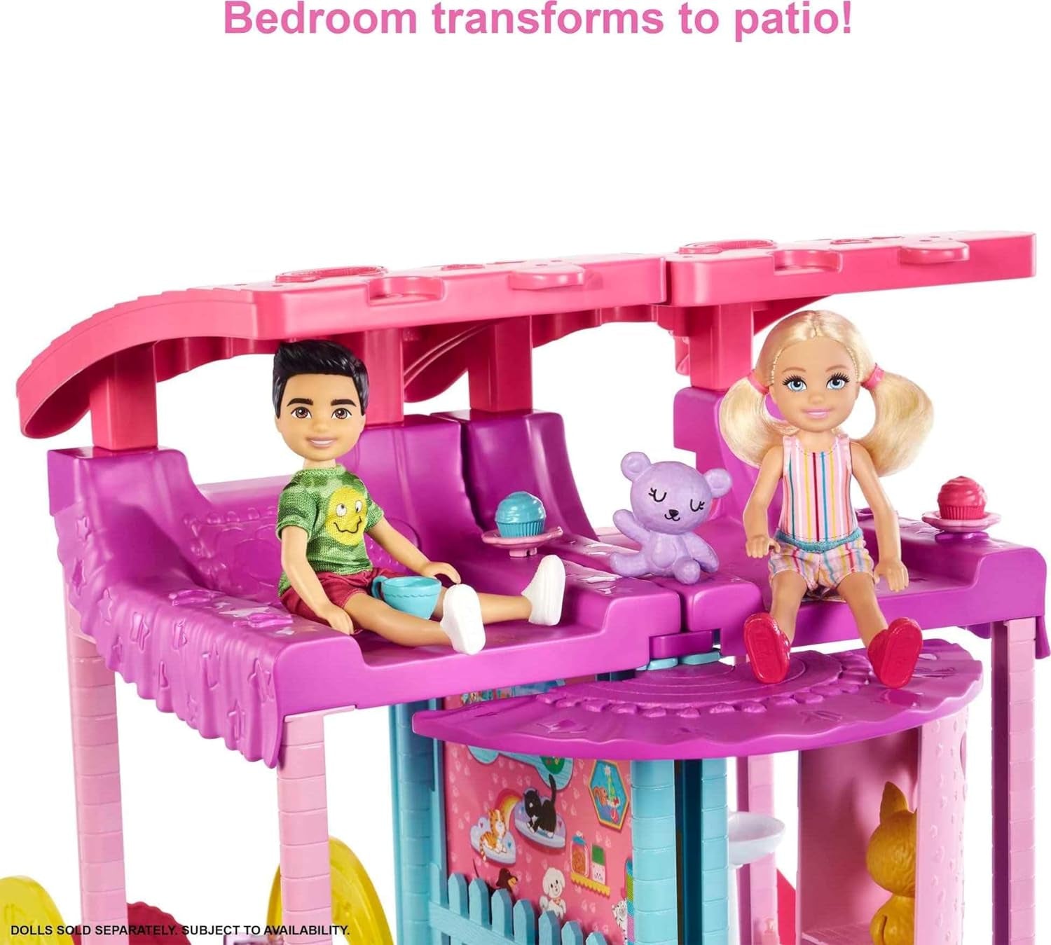 Barbie Chelsea Speelhuis - 3 transformerende verdiepingen, geheime speelplekken, lift, zwembad, glijbaan, 2 huisdieren en 20+ accessoires, voor kinderen vanaf 3 jaar, HHX44