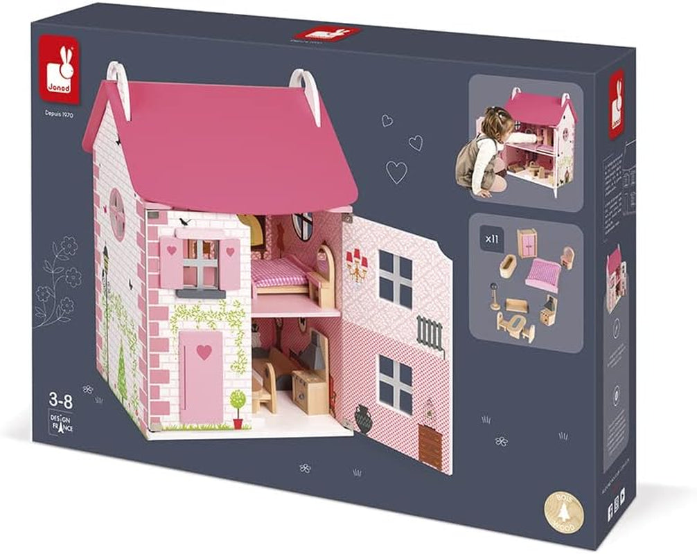 Janod - Mademoiselle houten poppenhuis, 3 verdiepingen en 11 accessoires, replica speelgoed, stimuleert de verbeelding, vanaf 3 jaar, J06581, Roze Naty Shop poppenhuizen
