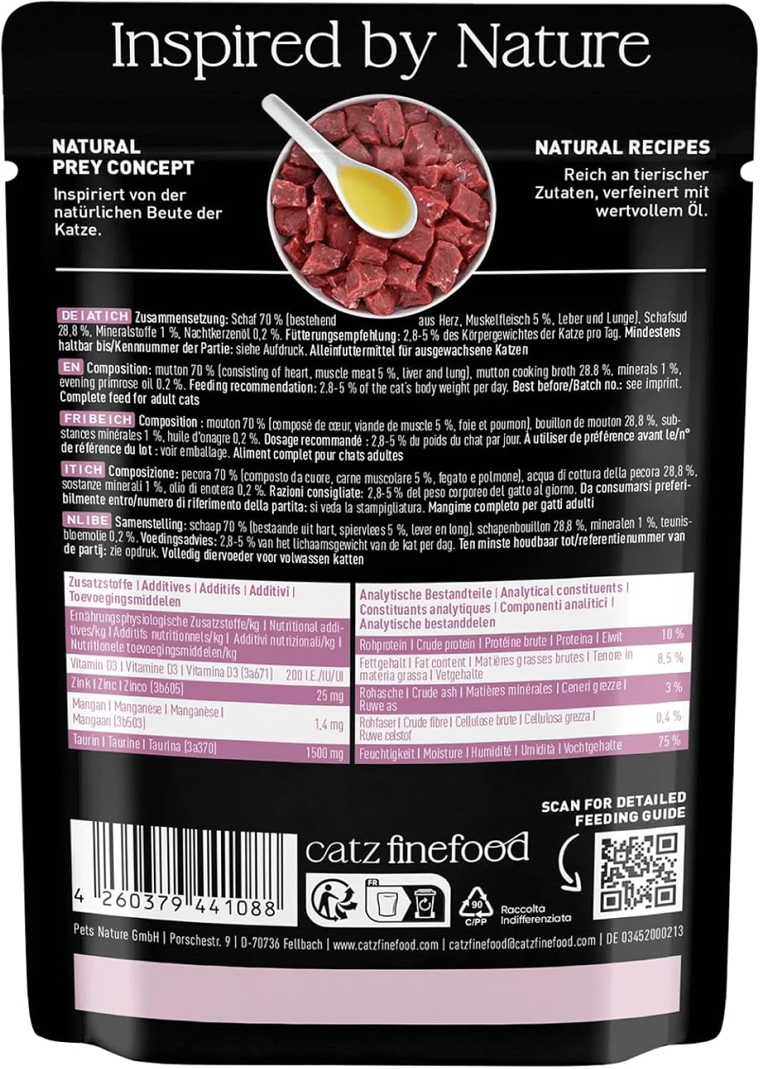 Natvoer voor katten Catz Finefood Purrrr Schaap Monoproteïne nr. 113, voor katten met een gevoelige spijsvertering, 70% vleesgehalte, 16 zakjes à 85 g