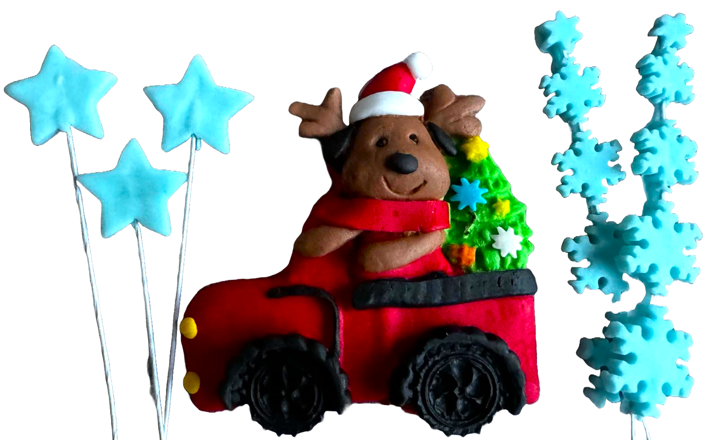 Set van 6 eetbare suikerpasta-decoraties, Kerstmis, auto, teddybeer, sterren en sneeuwvlokken Suikerpasta-decoraties Naty Shop