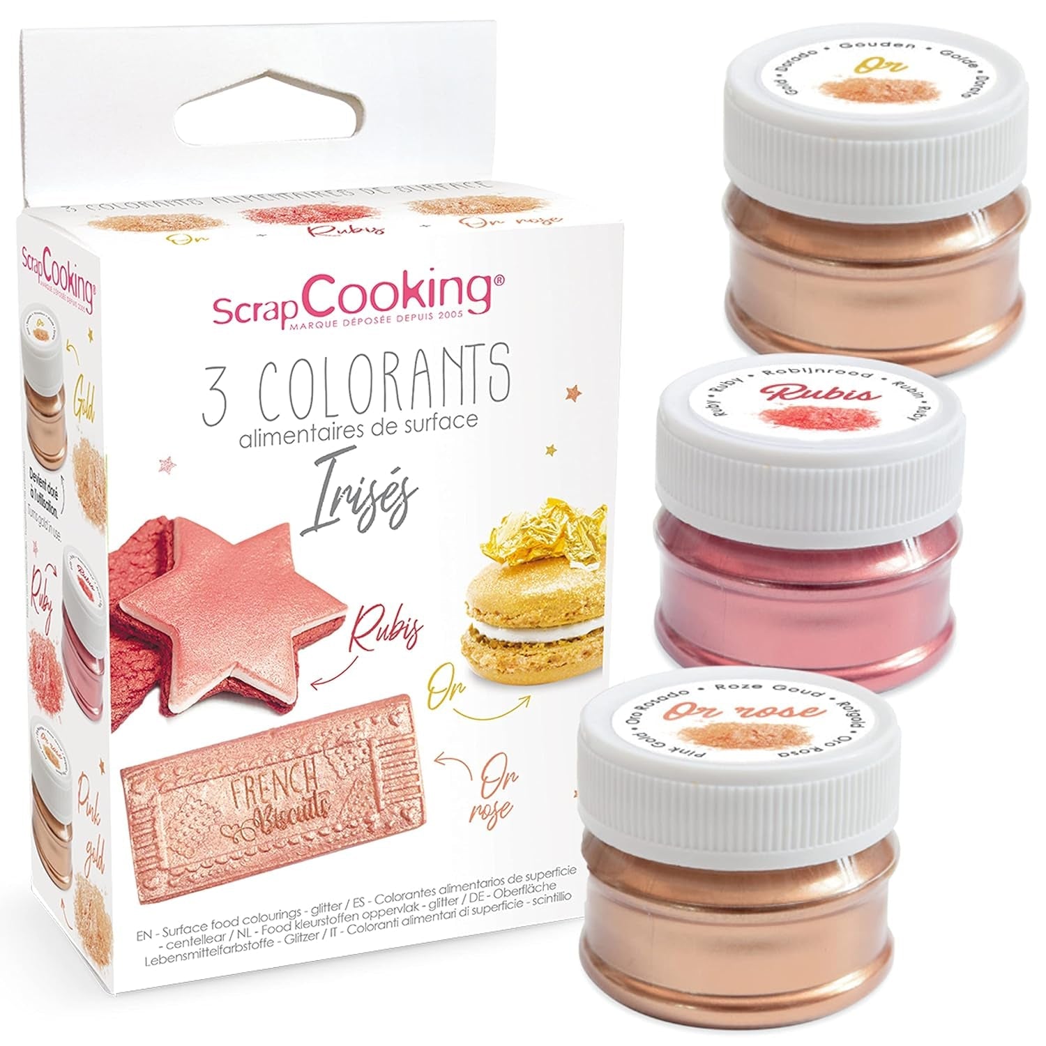 Scrapcooking - Set van 3 metalen kleurstoffen - Kleurstof: goud, rosé goud en robijn - Eetbare kleurstof voor bakken, cakes, koekjes, cakes, chocolade - 4019
