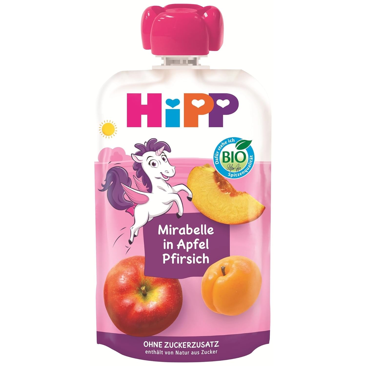 HiPP Bio Quetschie Mirabelle in Apfel-Pfirsich - Ellis Einhorn (8 x 100 g), ab 1 Jahr, 100% Fruchtpüree, ohne Zuckerzusatz, veganistisch, in de beste bio-kwaliteit