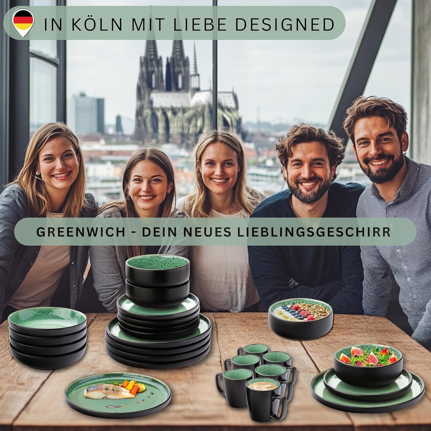 SÄNGER Greenwich | Serviesset van steengoed, 18-delig, bordenset voor 6 personen, serviesset (6 dinerborden, 6 dessertborden, 6 kommen), groen, krasbestendig, serviesgoed | DE WAARDE-COLLECTIE