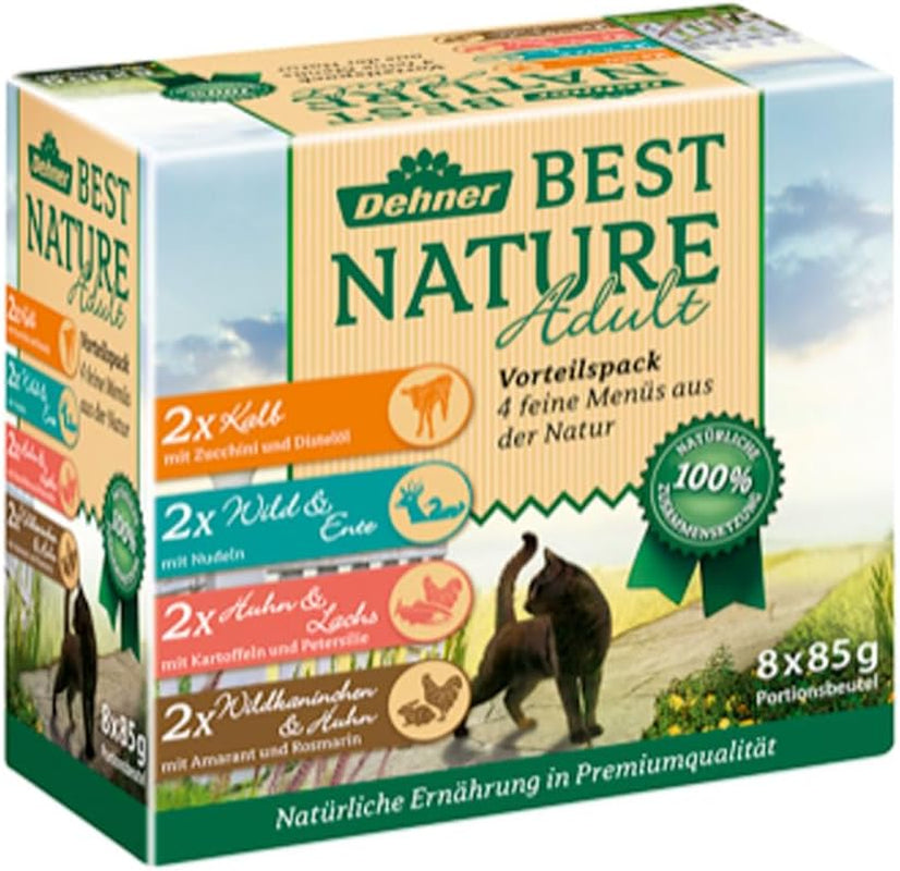 Dehner Best Nature Katzenfutter Multipack, Nassfutter, voor ausgewachsene Katzen, je 2 x Kalb / Wild / Huhn / Kaninchen, 8 x 85 g Zak (680 g)
