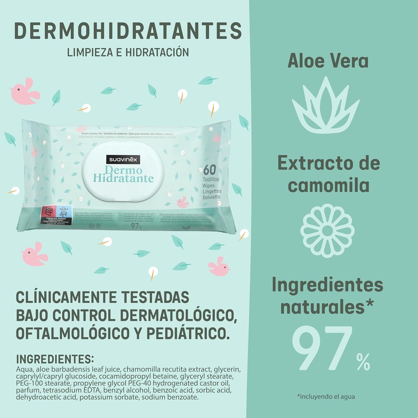 Suavinex 14 stuks 60 vochtige babydoekjes (in totaal 840 doekjes), hydraterend, geschikt voor atopische huid, 95% natuurlijke ingrediënten