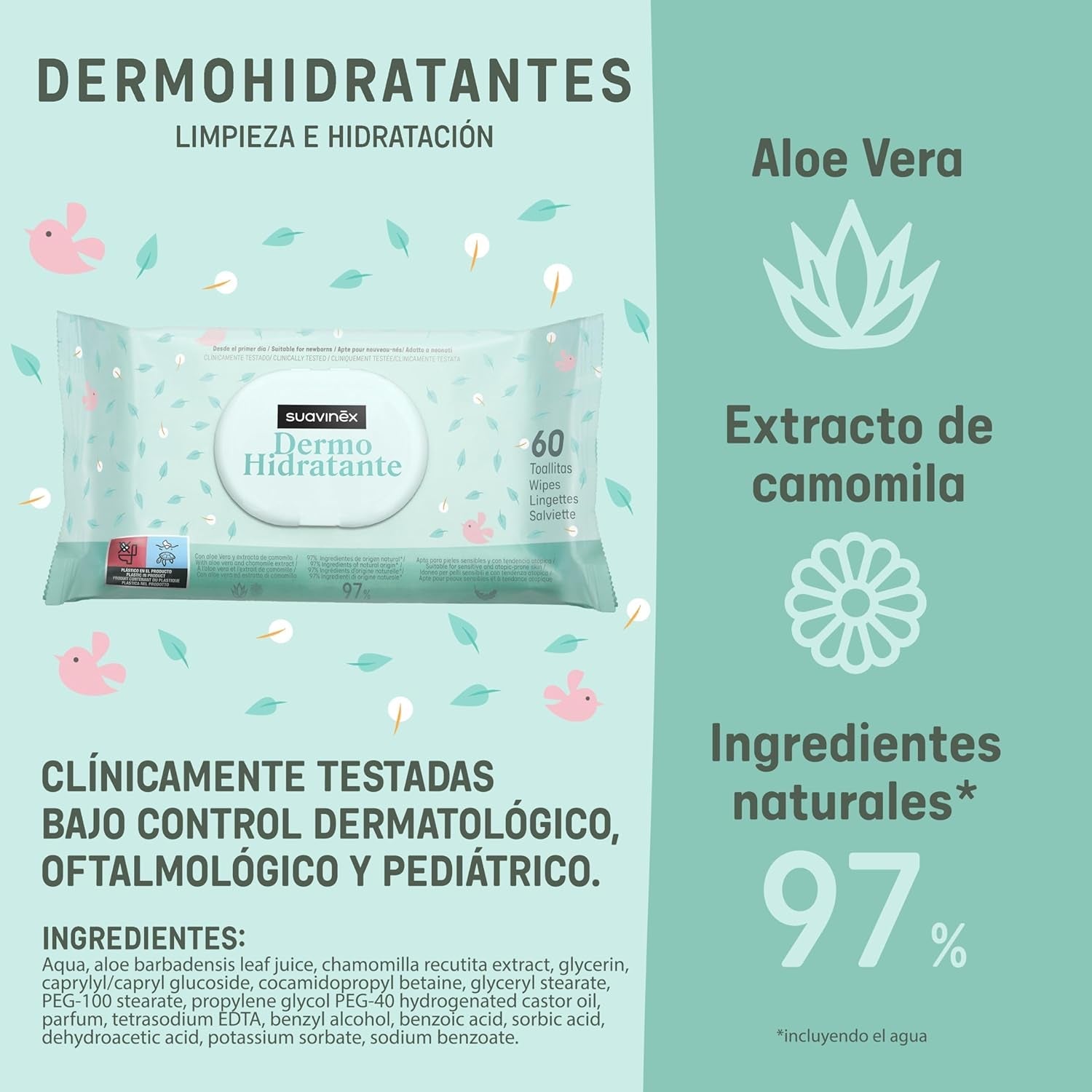 Suavinex 14 stuks 60 vochtige babydoekjes (in totaal 840 doekjes), hydraterend, geschikt voor atopische huid, 95% natuurlijke ingrediënten