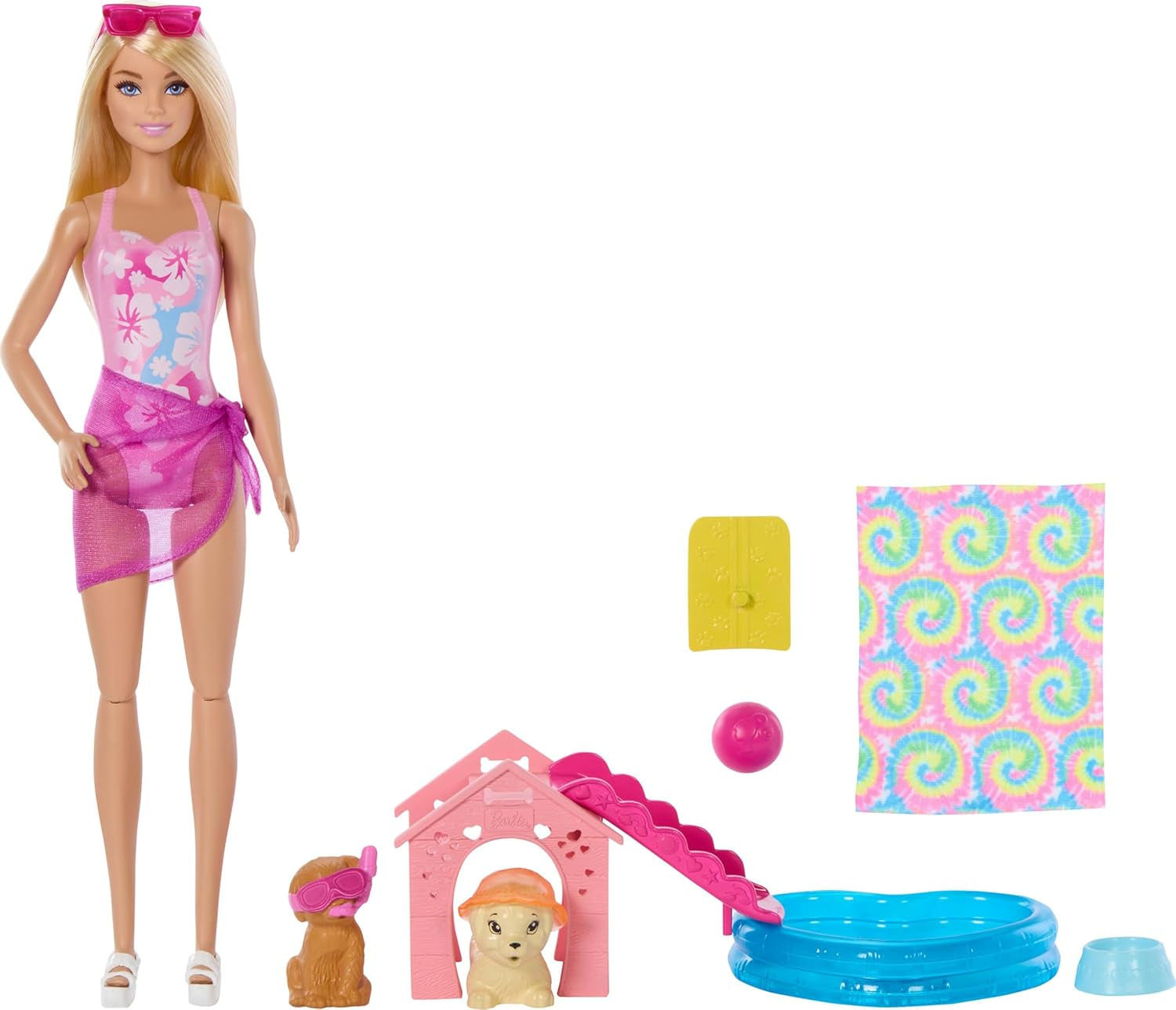 Barbie Puppy Pool Party-speelset met modepop, hondenhuis en glijbaan, hartzwembad, 2 hondenfiguren, 6 accessoires en kleurwisselaar, JBF35