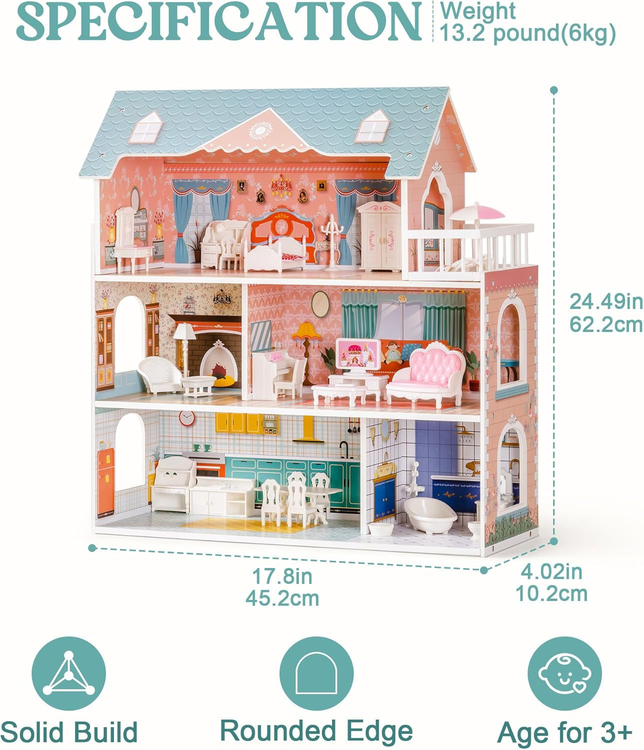 ROBUD Houten poppenhuis met meubels en accessoires Meisjeshuizen Speelhuis Kinderspeelgoed
