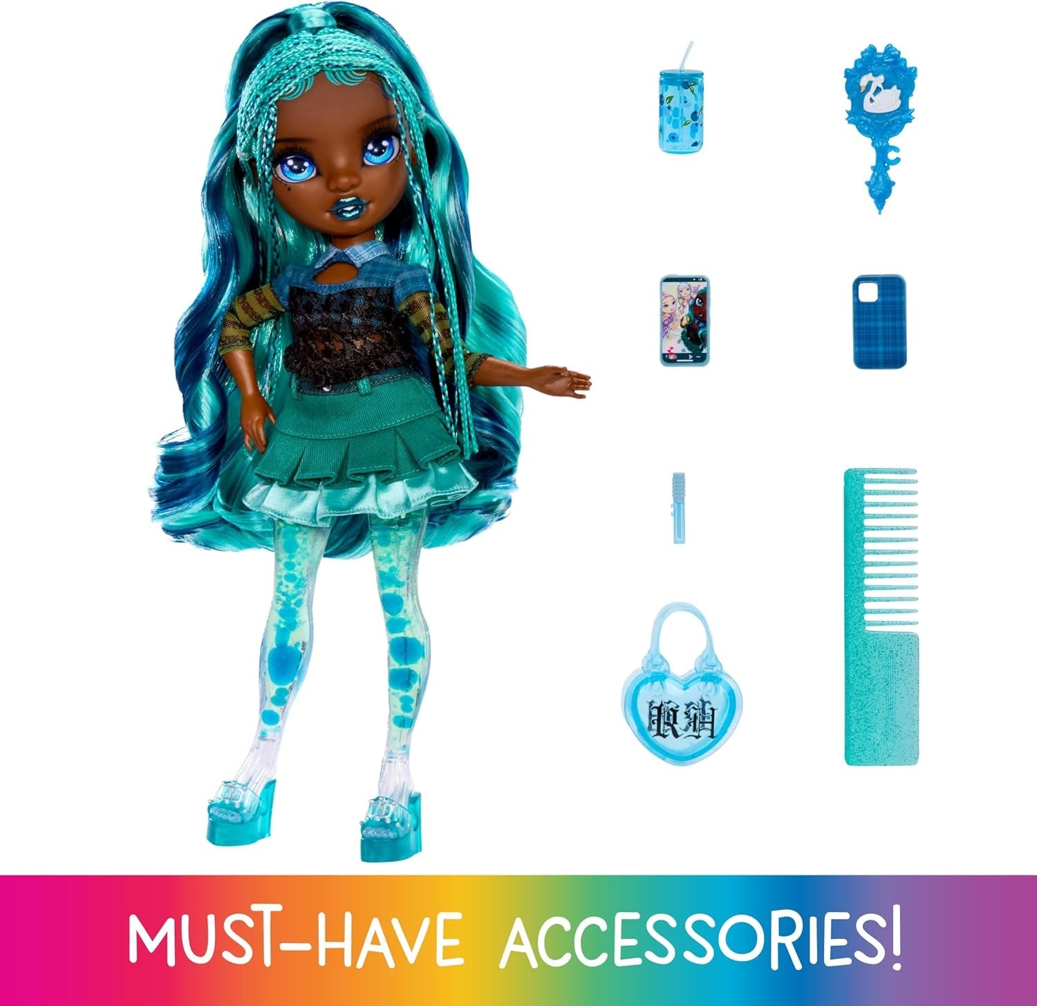 Regenboog Pop met Hoge Sparkle & Shine - Misty - Modieuze pop van 28 cm met turkoois haar en magische bubbels Staande Kleurrijke aankleed- en speelcollectie voor 4-12 jaar