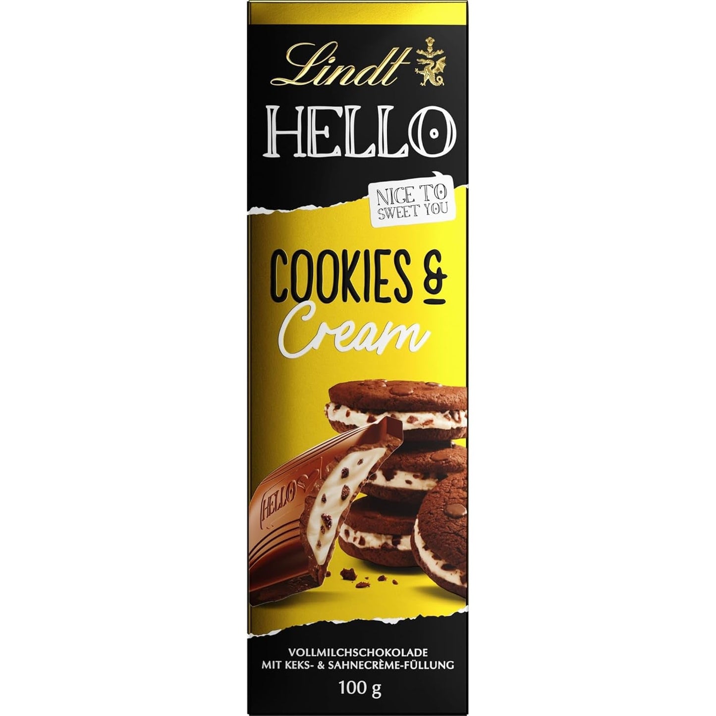 Lindt Hallo Cookies & Cream Chocolade | Reep 100g | Melkchocolade met koekjes en roomvulling | Chocoladereep | Chocolade cadeau