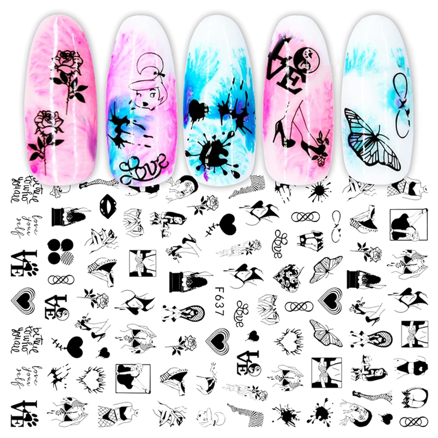 JMEOWIO Nagelsticker Geometrie 10 Blatt Nagelaufkleber Selbstklebend Schwarzes Herz Unregelmäßig Geformt Nail Art Sticker Decoratie Nageldesign Zubehör