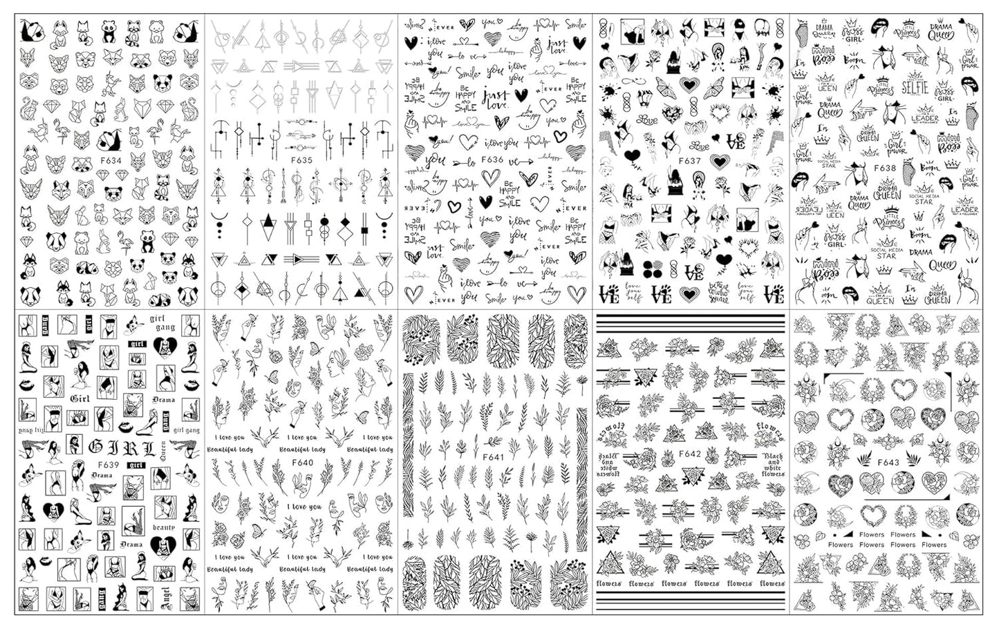 JMEOWIO Nagelsticker Geometrie 10 Blatt Nagelaufkleber Selbstklebend Schwarzes Herz Unregelmäßig Geformt Nail Art Sticker Decoratie Nageldesign Zubehör