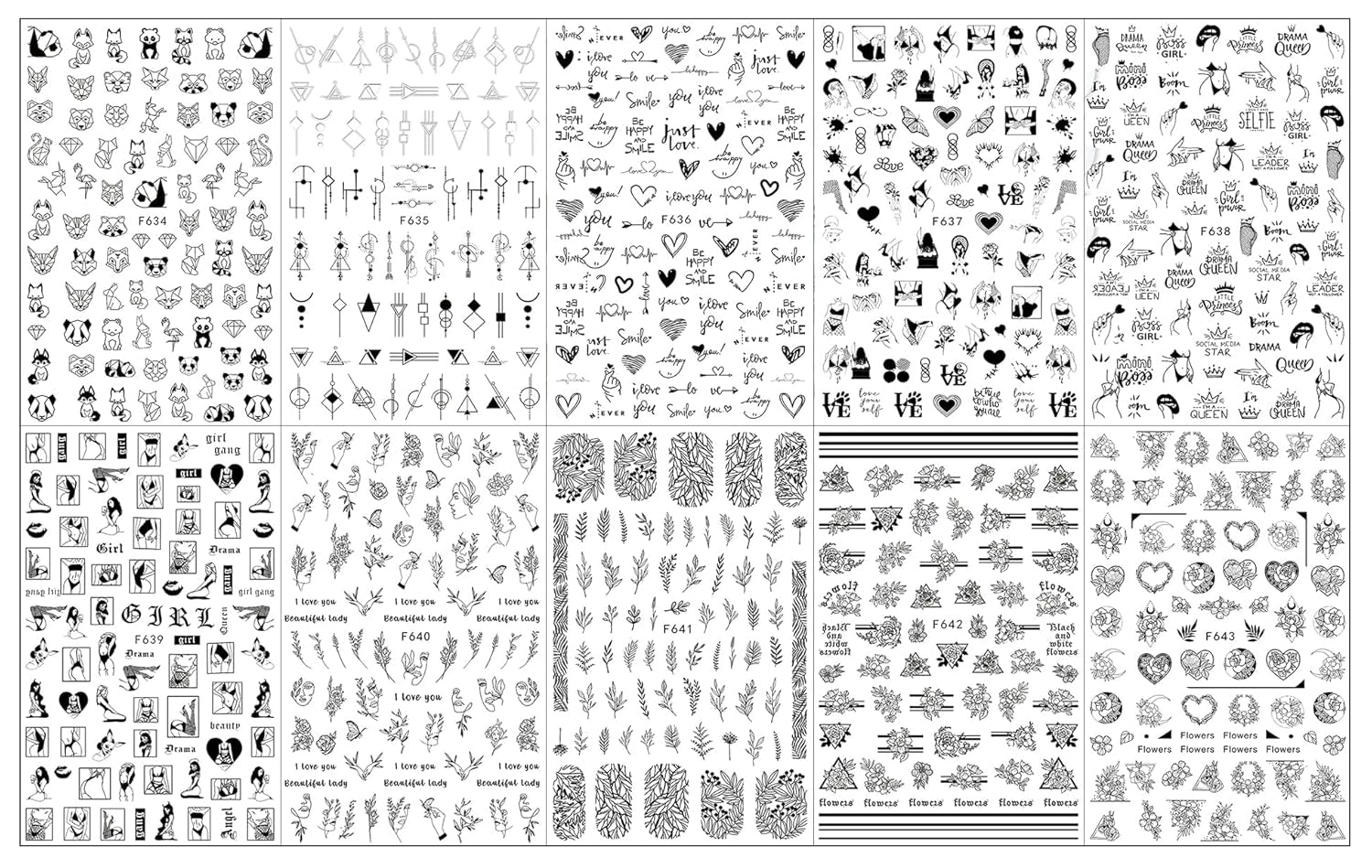 JMEOWIO Nagelsticker Geometrie 10 Blatt Nagelaufkleber Selbstklebend Schwarzes Herz Unregelmäßig Geformt Nail Art Sticker Decoratie Nageldesign Zubehör