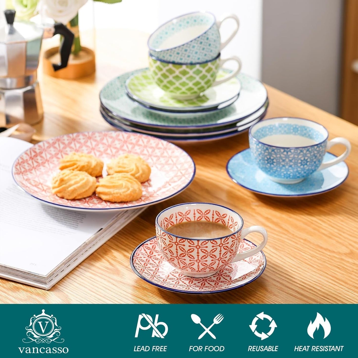 Vancasso Macaron porseleinen koffieset, 12-delig kleurrijk koffieservies voor 4-12 personen, kopjesset, inclusief koffiekopjes, schotels en dessertborden