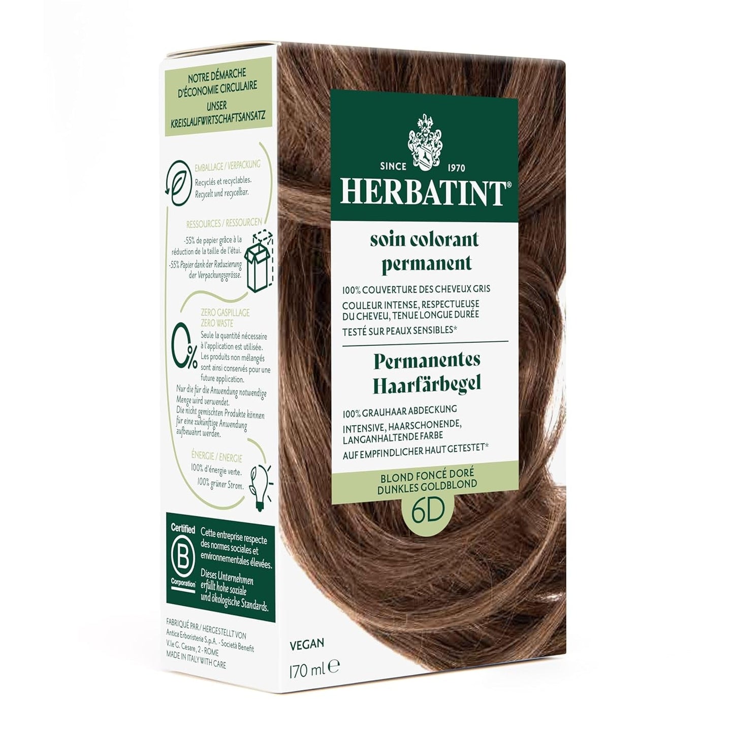 Permanente haarverfgel 6N Donkerblond - 170 ml I Ammoniakvrij, 100% grijze haardekking Ik getest op een gevoelige huid, met 8 plantenextracten Naty Shop Haarverf 6D Donker Goudblond