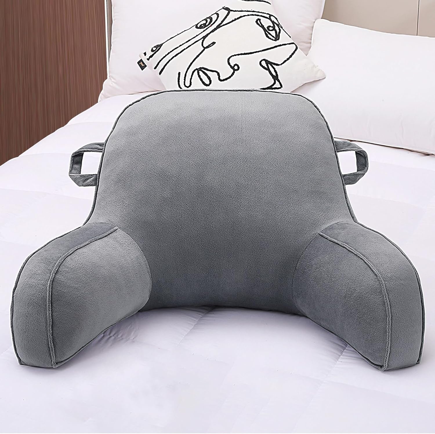 Leeskussen, bedrustkussen voor volwassenen en kinderen, comfortabel fluwelen rugkussen met armleuningen, zakken en handvat om in bed te zitten, rugkussen om te lezen, studeren en tv kijken