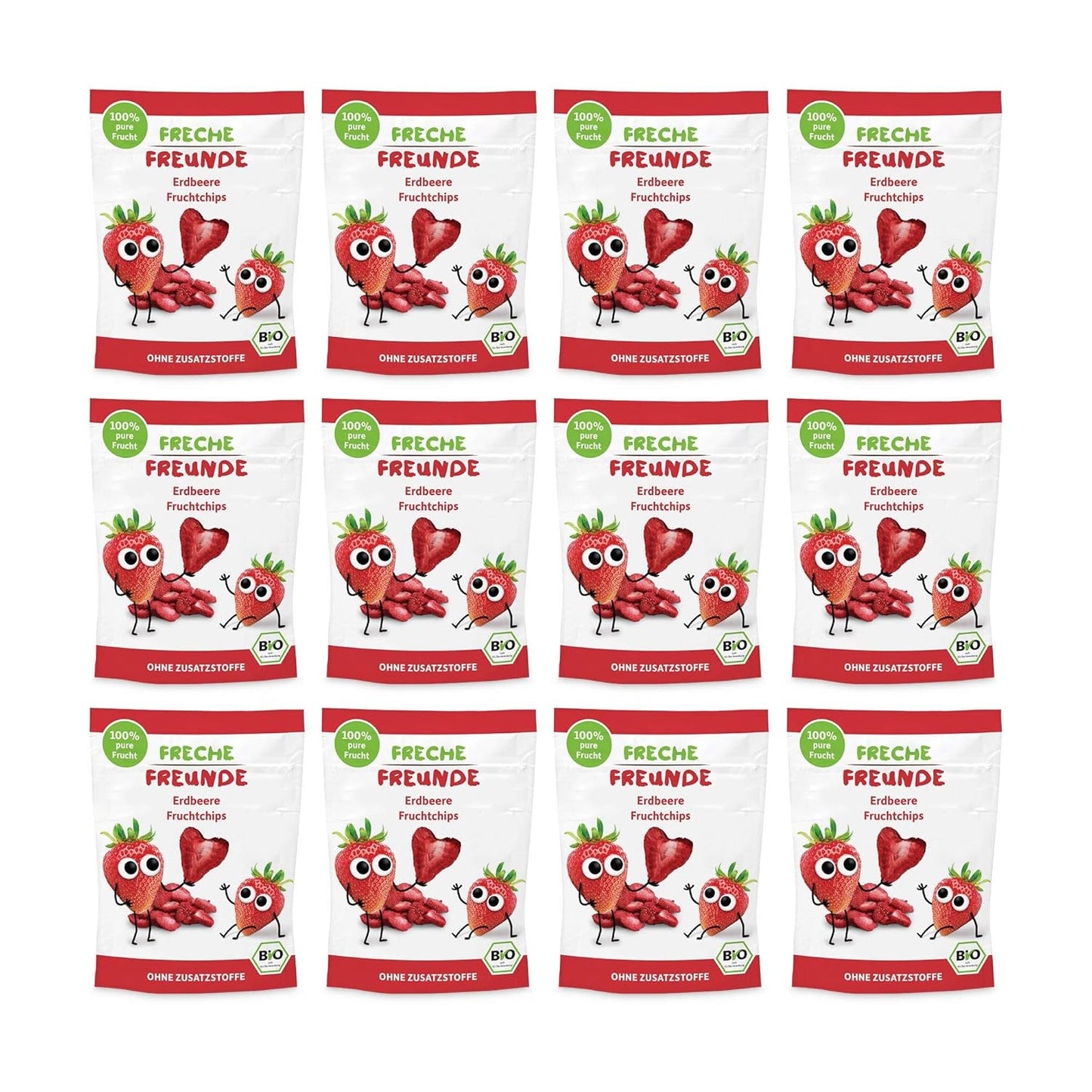 100% Aardbei Biologische Fruitchips Gevriesdroogde Aardbeienchips, verpakking van 12 (12 x 12 g) en Crispy Hearts Banana & Strawberry Biologische kinder- en babysnack (9 x 30 g) 270 g