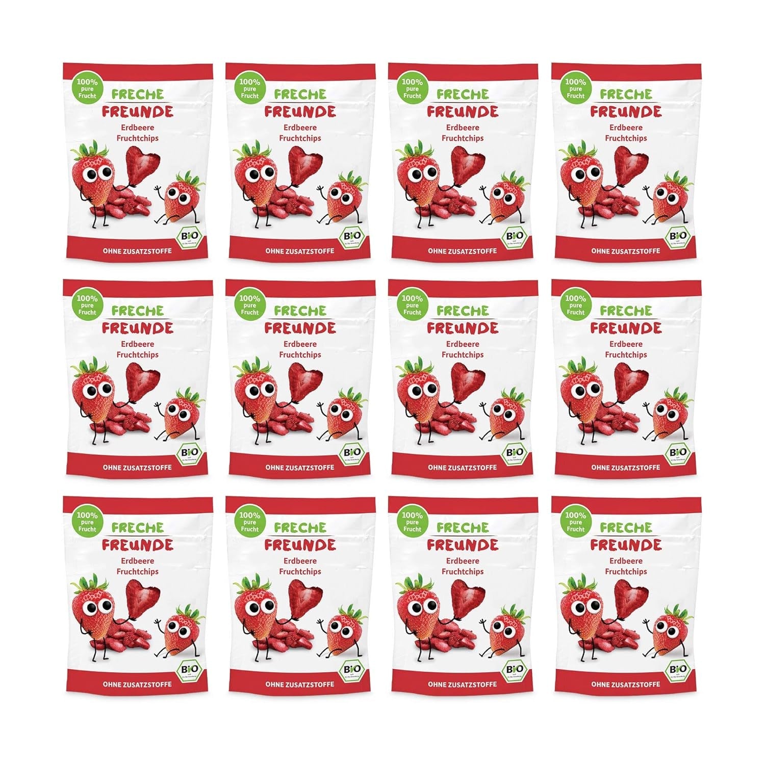 100% Aardbei Biologische Fruitchips Gevriesdroogde Aardbeienchips, verpakking van 12 (12 x 12 g) en Crispy Hearts Banana & Strawberry Biologische kinder- en babysnack (9 x 30 g) 270 g