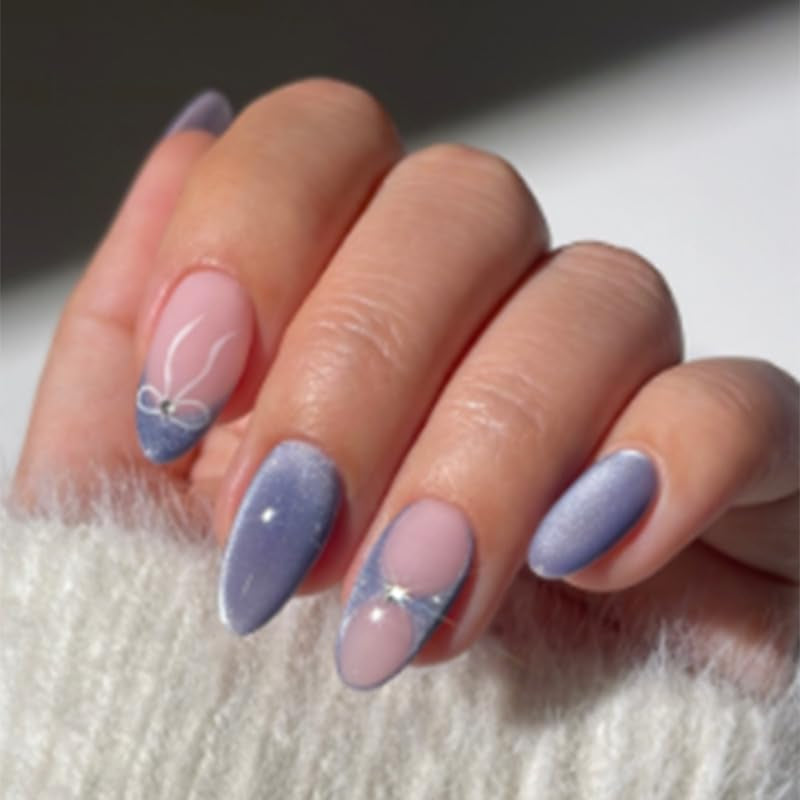 Moonglow korte magnetische kunstnagels, roze amandelrood gradiënt glitter kattenoog met lijm, roze rode ombre glitter fototherapie kunstnagels voor dames en meisjes