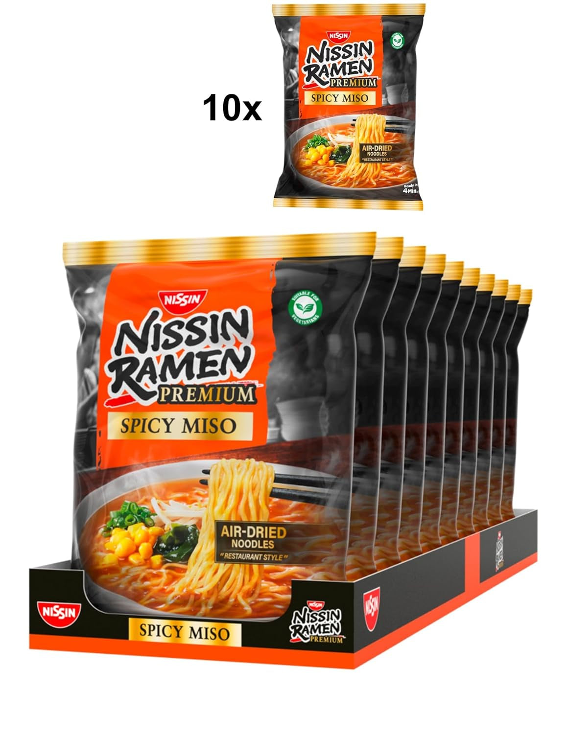 Nissin Ramen Premium - Miso Spicy 10-pack Japanse stijl luchtdroge instantnoedels voor 'restaurantstijl' Ramen met een licht pittige smaak van miso en wakamevlokken (10 x 90,7 g)