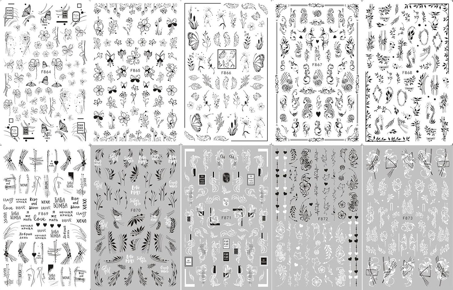 JMEOWIO Nagelsticker Blumen 10 Blatt Nagelaufkleber Selbstklebend Zwart Wit Blossom Nail Art Sticker Decoratie Nageldesign Zubehör
