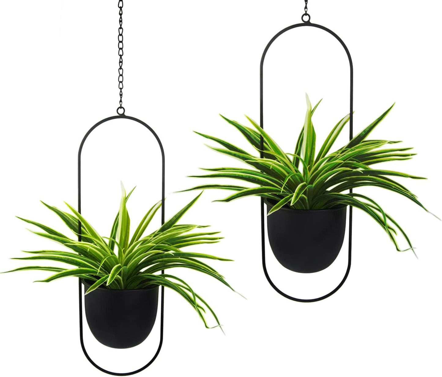 Hangende metalen bloempotten, 2 stuks, zwarte ovale geometrische plantenhanger met potten, moderne wand- en plafondplantenbak, binnen buiten, 15,2 cm, bloempotten, 2 stuks