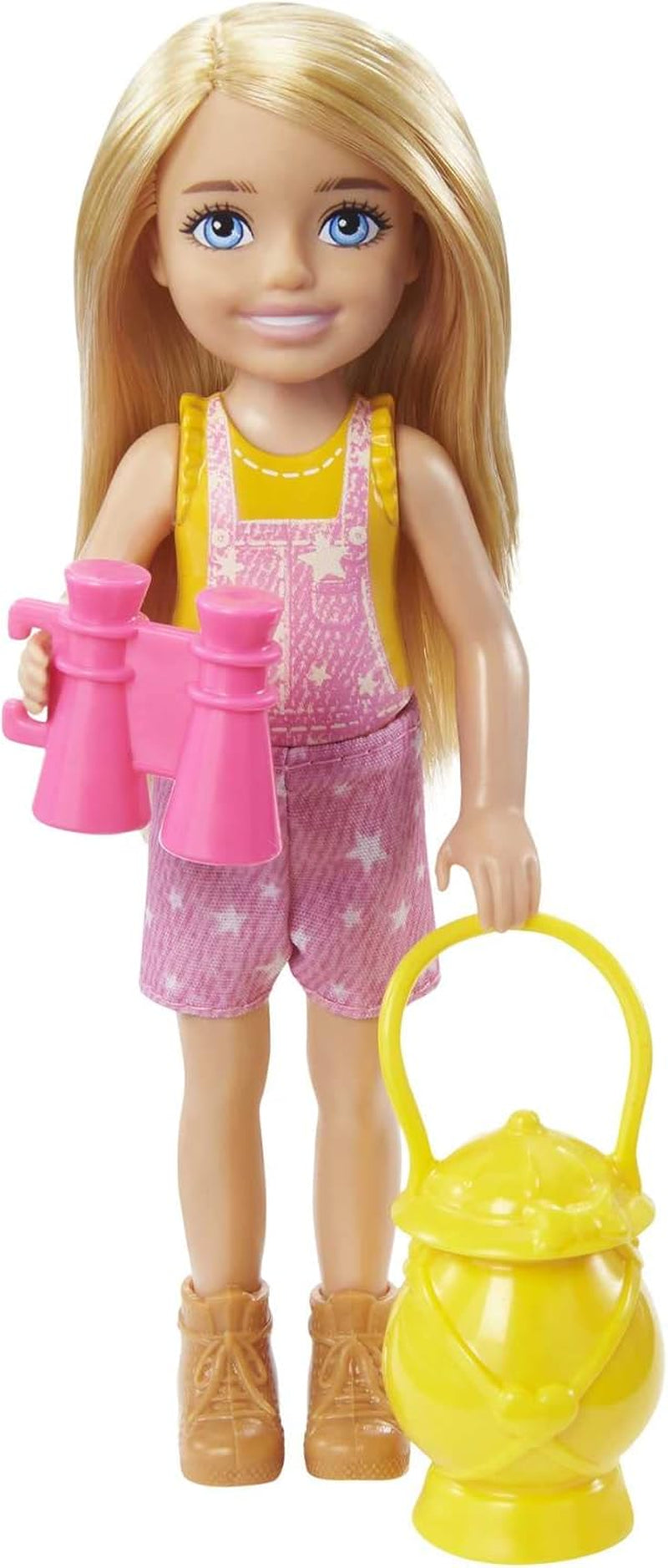 Barbie Chelsea-serie, Chelsea-pop kamperen met blond haar, huisdieruil, slaapzak, kussen, zaklamp, verrekijker, kampeeraccessoires, kindercadeau, speelgoed voor 3 jaar en ouder, HDF77