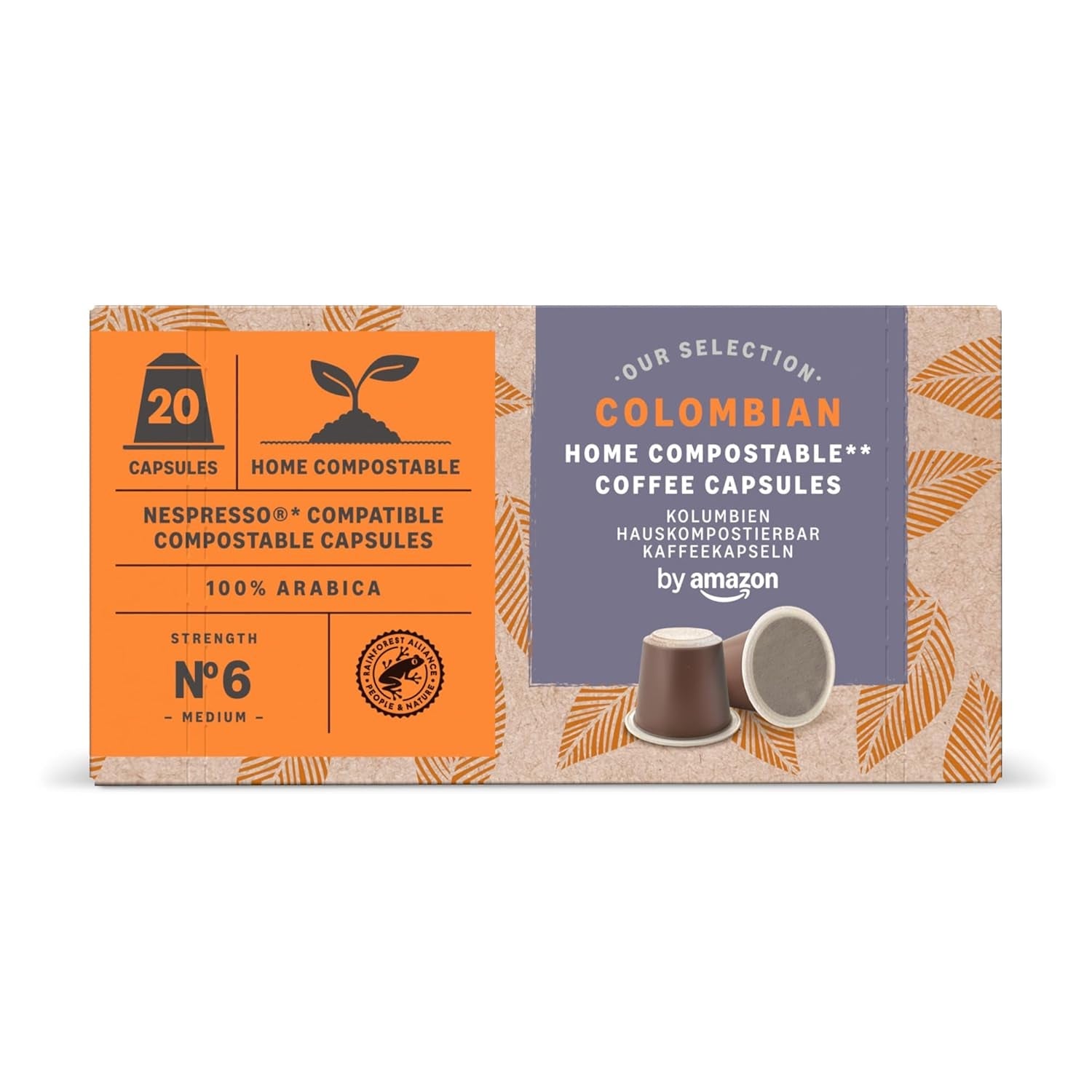 By Amazon Heimkompostierbare Kaffeekapseln, compatibel met Nespresso, 100% kolumbianischer Arabica, 20 Stück – Rainforest Alliance-zertifiziert