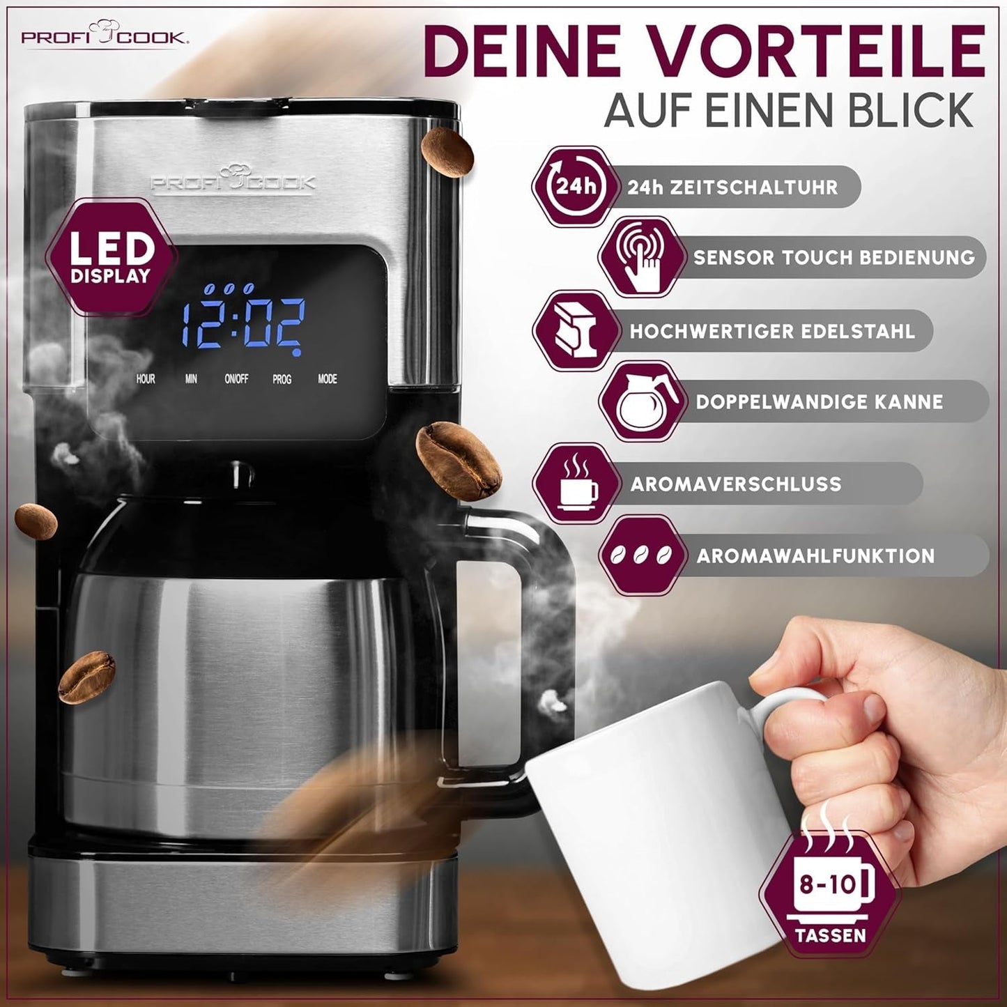 Koffiezetapparaat Profi Cook | 8-10 kopjes | Timer | Sensoraanraakbediening | Dubbelwandige thermoskaraf van 1,2 liter | Smaakzegel | RVS filterkoffiezetapparaat | PC-KA 1191