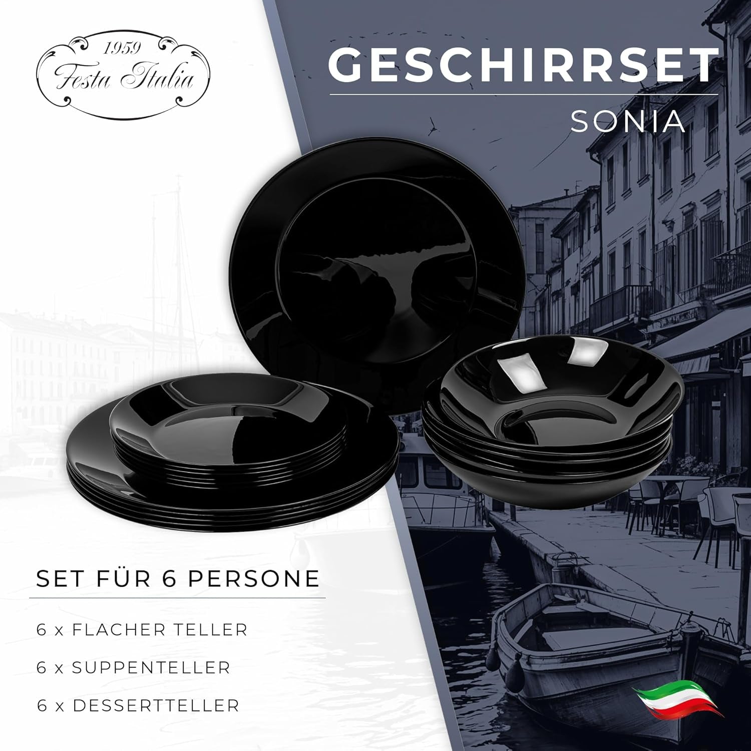 Serviesset voor 6 - 18-delig - Serviesset van opaalglas - Zwarte serviesset - Kom en bordenset - Modern serviesgoed - Borden - Serviesgoed - Serviesset voor 6 personen