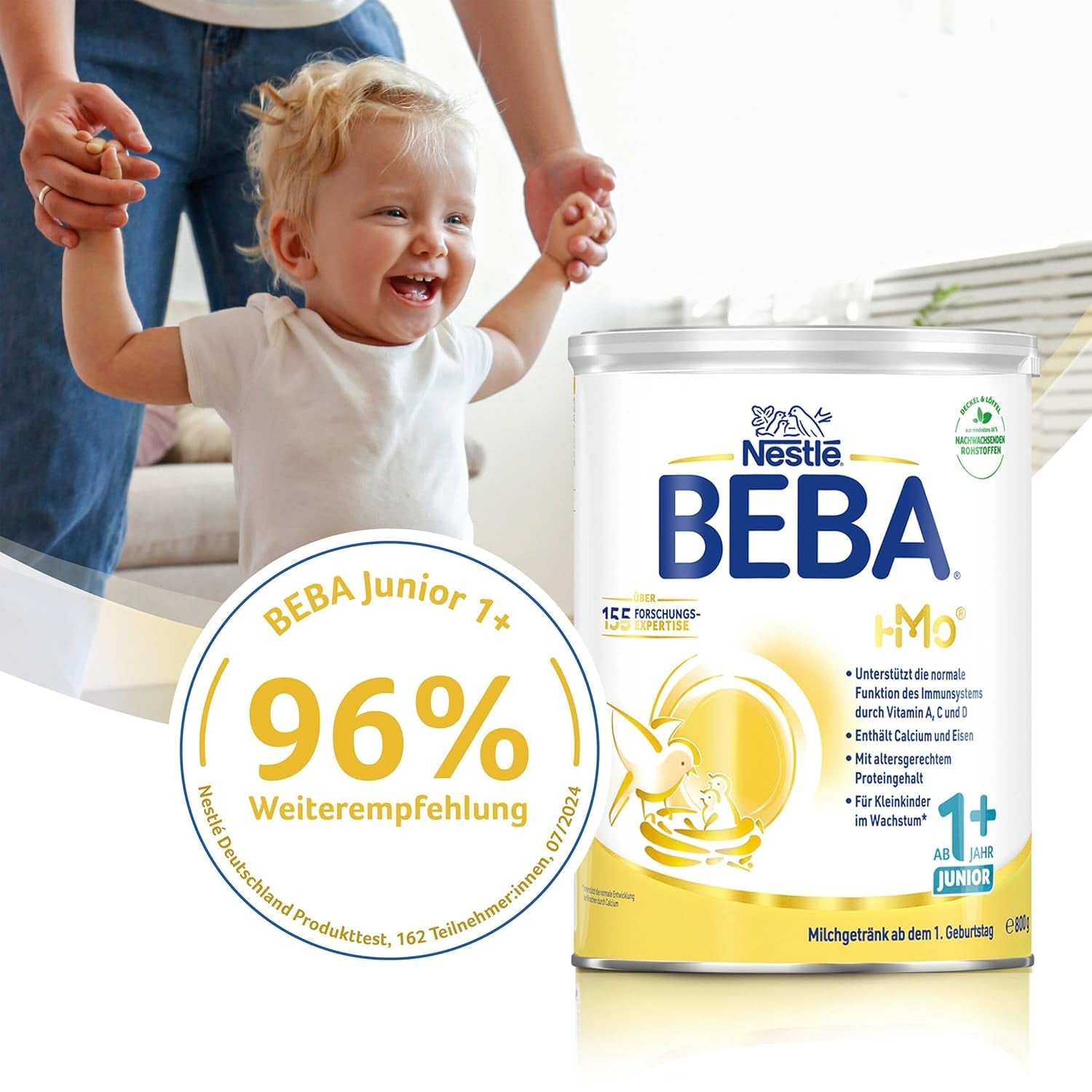 BEBA Junior 1+ melkdrank vanaf 1 jaar, Met HMO, Aan de leeftijd aangepast eiwitgehalte, Alleen lactose, Geen palmolie, Geen visolie, Peutervoeding, Babymelkpoeder, Verpakking van 6 (6 x 800 g)