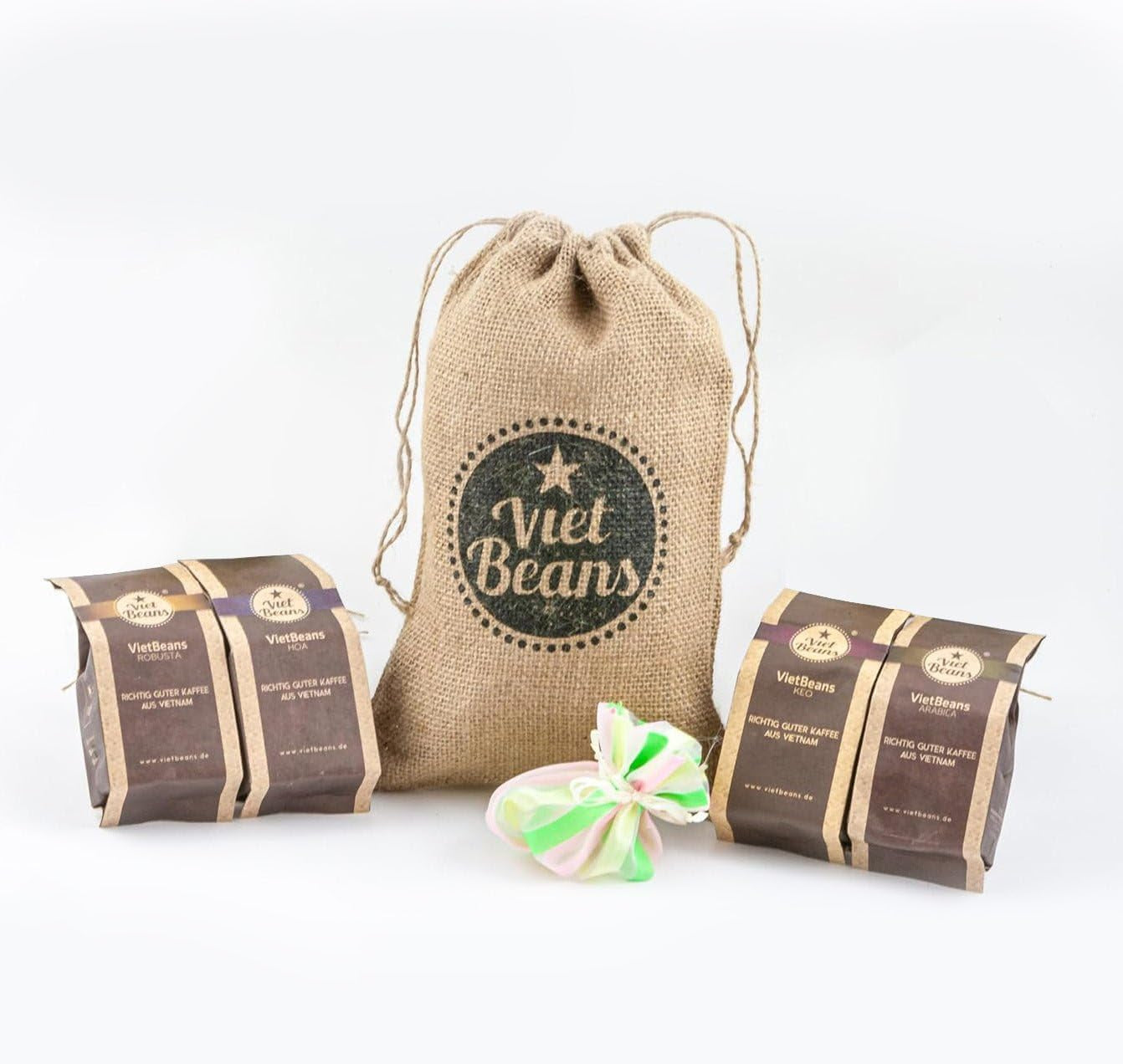 Kaffee Gift für Kaffeeliebhaber - Kaffeesack Jute - Vier Sorten exotischer Kaffee im Jutesack - Weihnachten Geschenkidee - Geschenk voor Kaffeetrinker - Ganze Bohne
