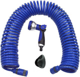 590078 – Spiraalslangenset, blauw, 15 meter (diameter 9 mm) + multifunctioneel pistool met 8 sproeiers + automatisch binnendraad met ¾-½ adapter + 2 snelkoppelingen + ophangbeugel