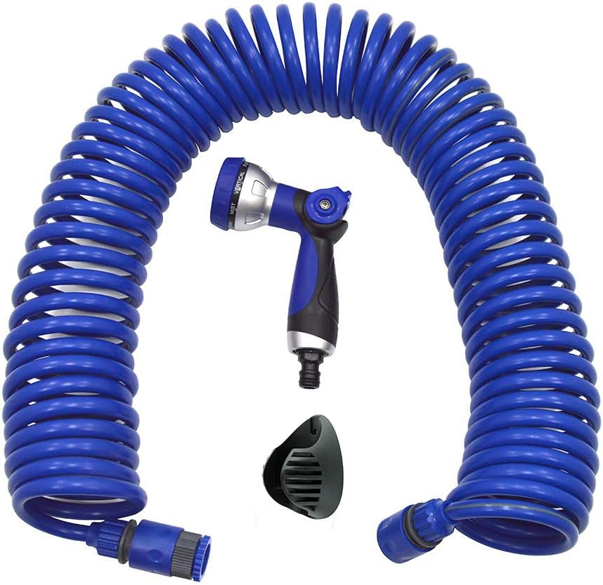 590078 – Spiraalslangenset, blauw, 15 meter (diameter 9 mm) + multifunctioneel pistool met 8 sproeiers + automatisch binnendraad met ¾-½ adapter + 2 snelkoppelingen + ophangbeugel