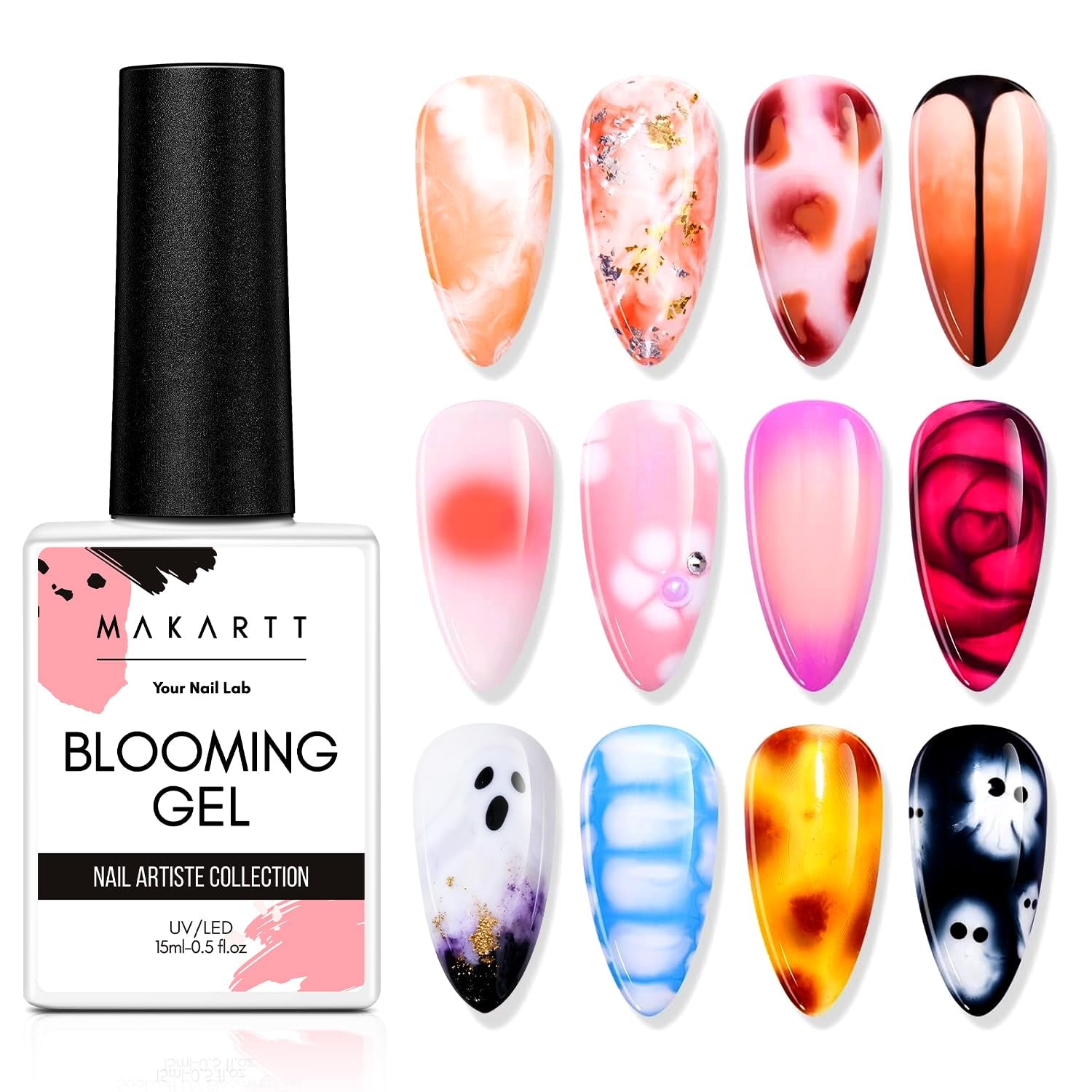 Makartt Blooming Gel Nagellak - 15ml Blooming Gel Nagellak Extender met Marmeren Kleur, Gelverf, DIY-Manicure Nagelontwerpen, Bloemen, Dieren, Waterverf, Magische Manicureset
