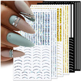 12 vellen Laserglitterlijnen Zelfklevende nagelstickers Holografische stickers Bronzen strepen Nagelstickers Franse lijn Gebogen strikken Golvende lijnen Nagelstickers Nagelkunstaccessoires