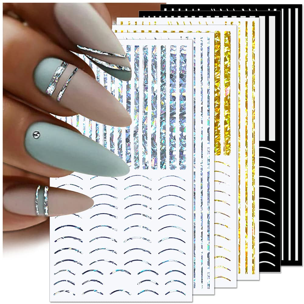 12 vellen Laserglitterlijnen Zelfklevende nagelstickers Holografische stickers Bronzen strepen Nagelstickers Franse lijn Gebogen strikken Golvende lijnen Nagelstickers Nagelkunstaccessoires