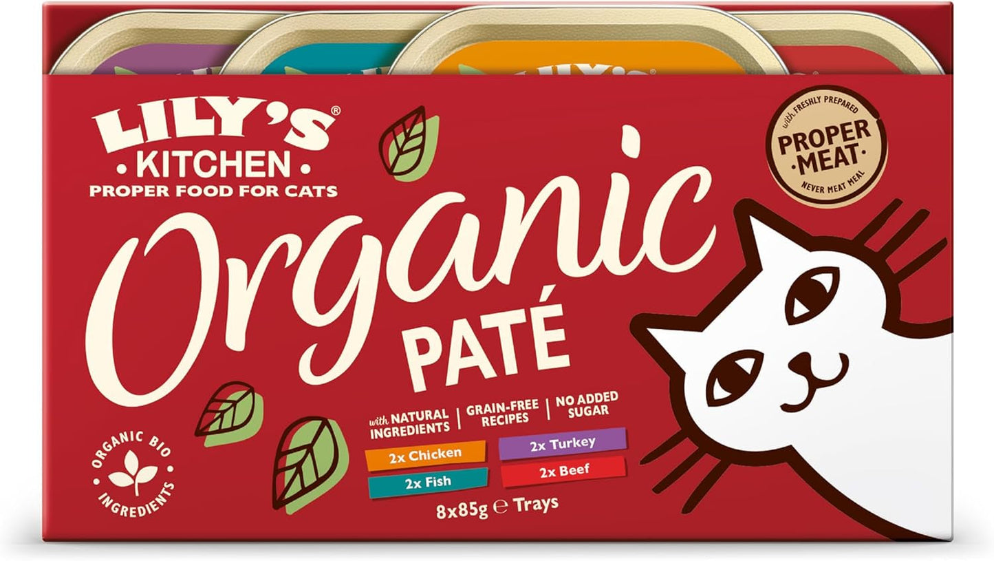 Lily's Kitchen Natuurlijk Ingrediënt Natvoer voor volwassen katten Multi-Tray Pack Biologisch Vlek Graanvrij 4 x (8 x 85 g)