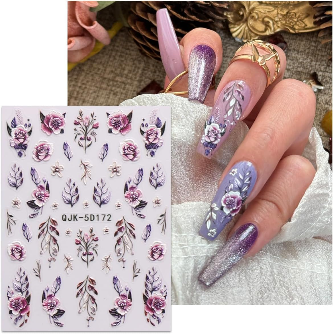 JMEOWIO 3D Nagelsticker Blumen Nail Art Sticker Selbstklebend Nagelaufkleber 5D Stereoskopisch Frühling Zomer Decoratie Nageldesign Zubehör 4 Blatt