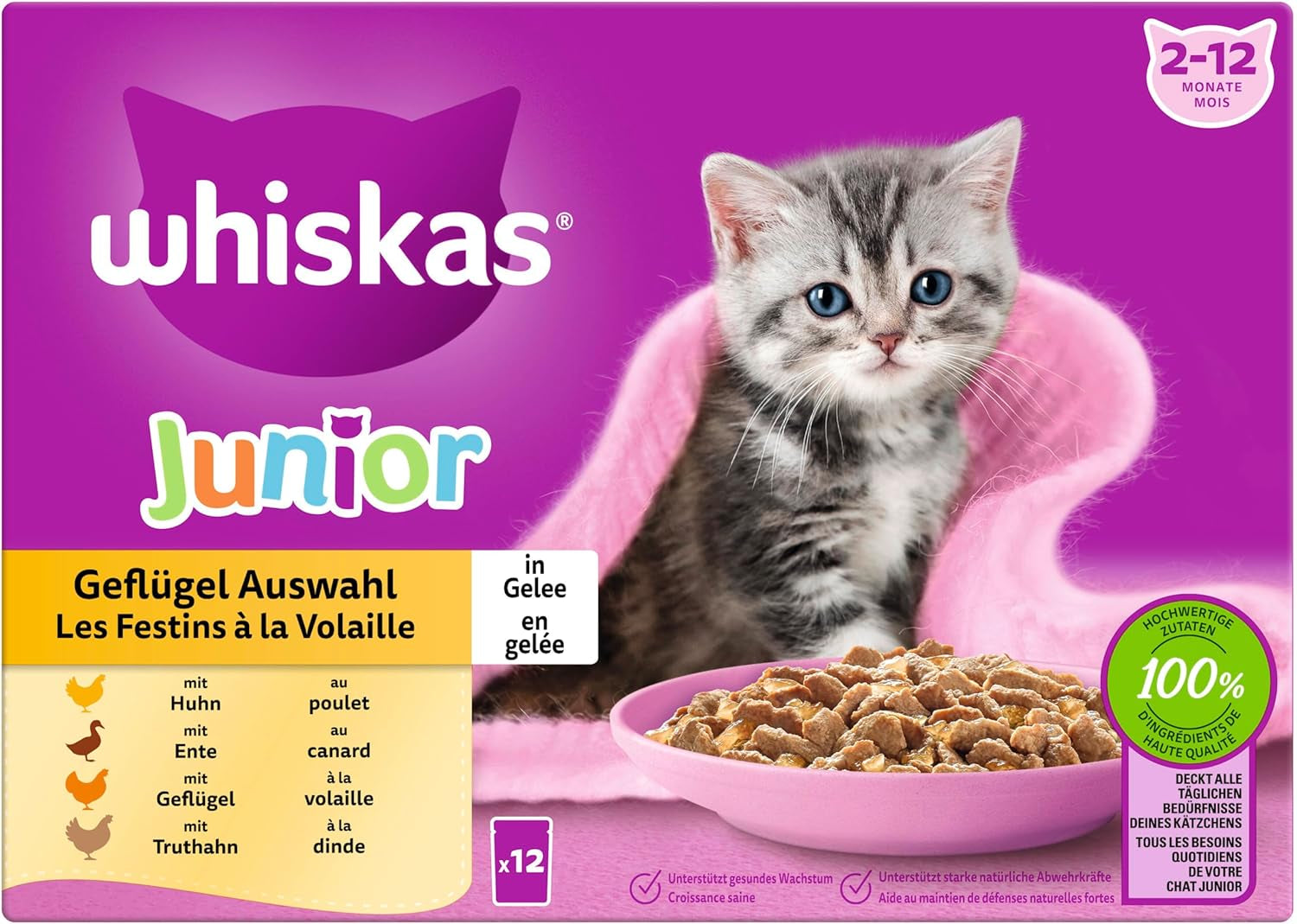 WHISKAS Junior natvoerzakjes, multipack, selectie van gevogeltevlees in gelei, 12 x 85 g
