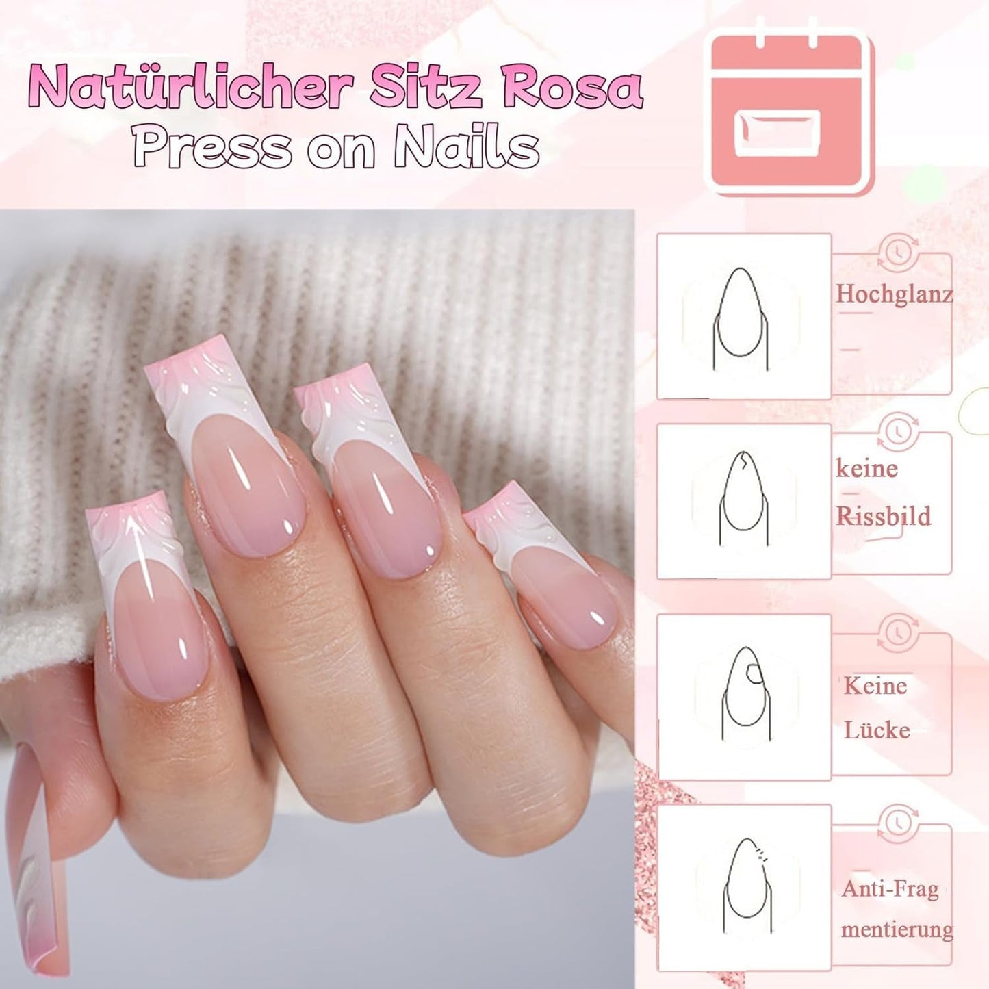 30 stuks Franse nepnagels - lijm op kunstnagels - zachte gelnagels voor dames - acryl zelfklevende nagels vierkante manicure (Frans roze)